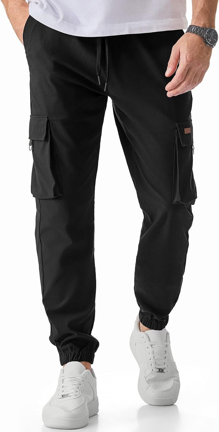 Men's Cargo Pants Casual Lightweight Elastic Waist Drawstring Tapered Pant with Pockets