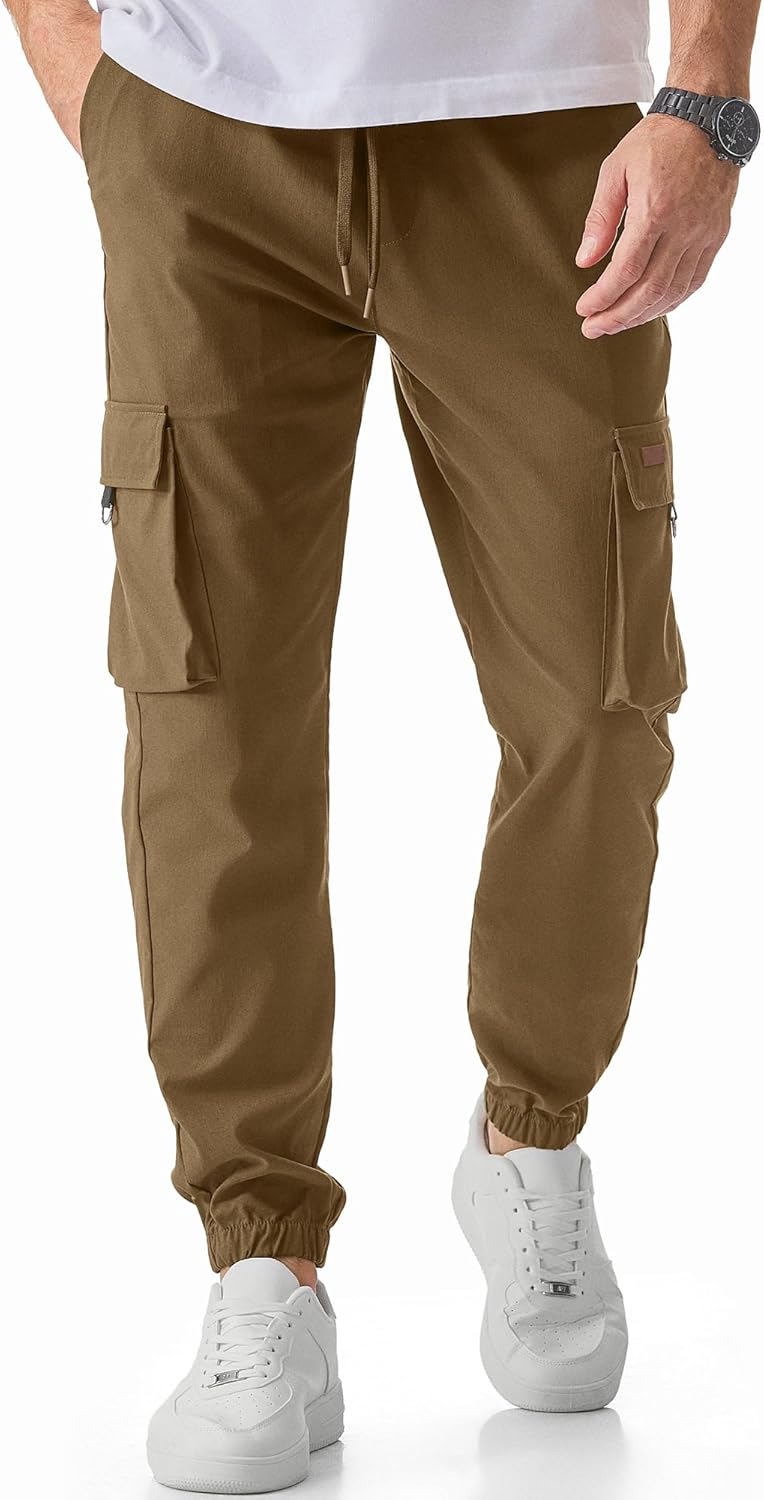 Men's Cargo Pants Casual Lightweight Elastic Waist Drawstring Tapered Pant with Pockets