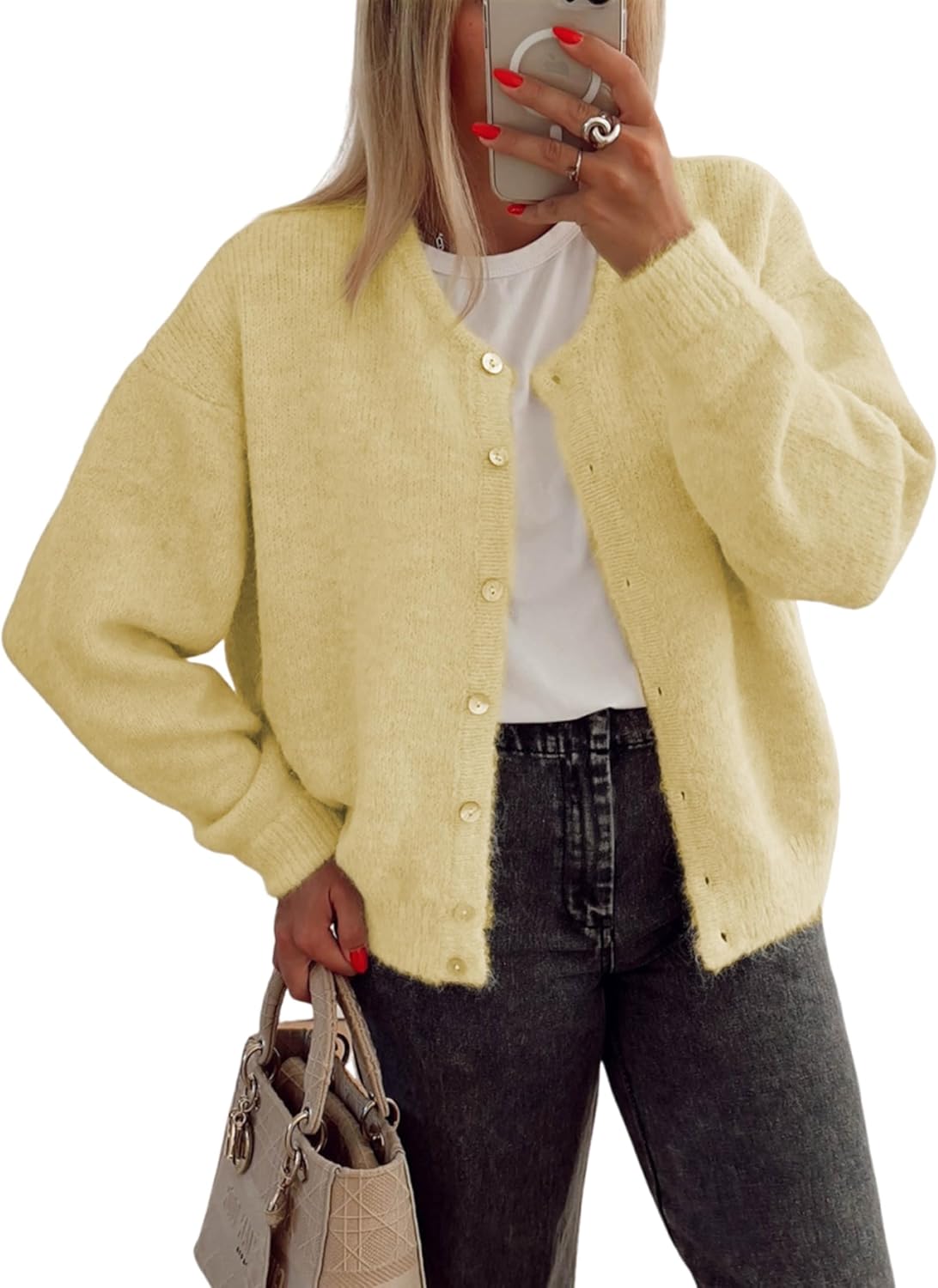 Women's Long Sleeve Front Button Y2k Cardigan Sweaters Crew Neck Loose 2025 Fall Tops