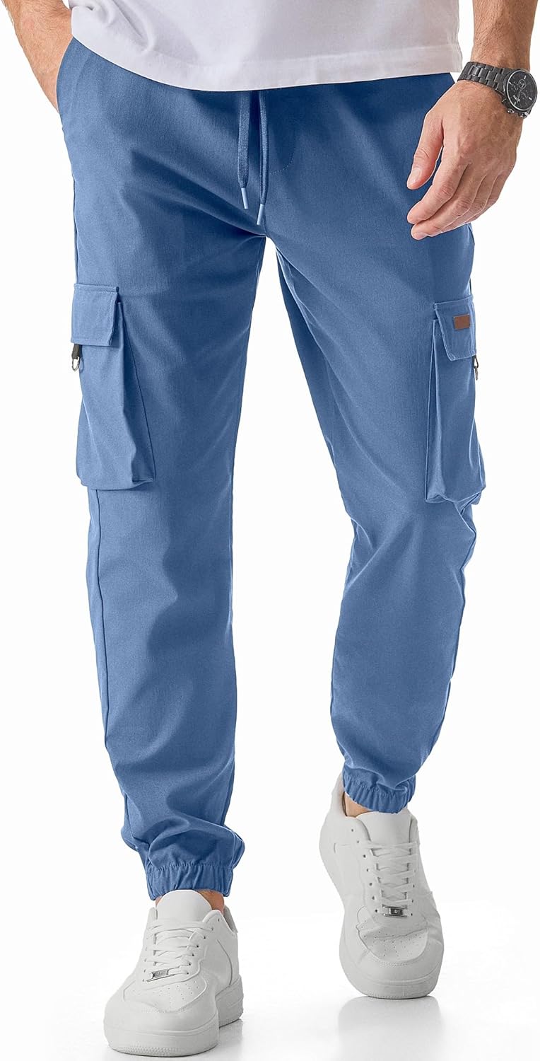 Men's Cargo Pants Casual Lightweight Elastic Waist Drawstring Tapered Pant with Pockets