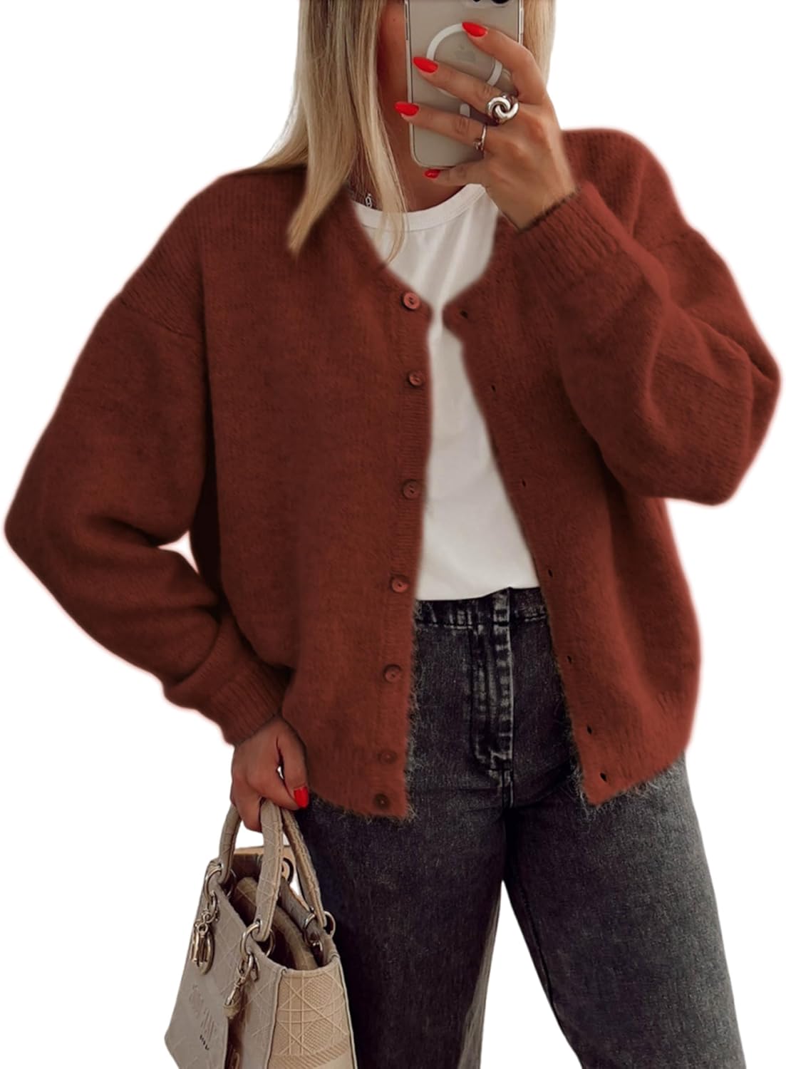 Women's Long Sleeve Front Button Y2k Cardigan Sweaters Crew Neck Loose 2025 Fall Tops