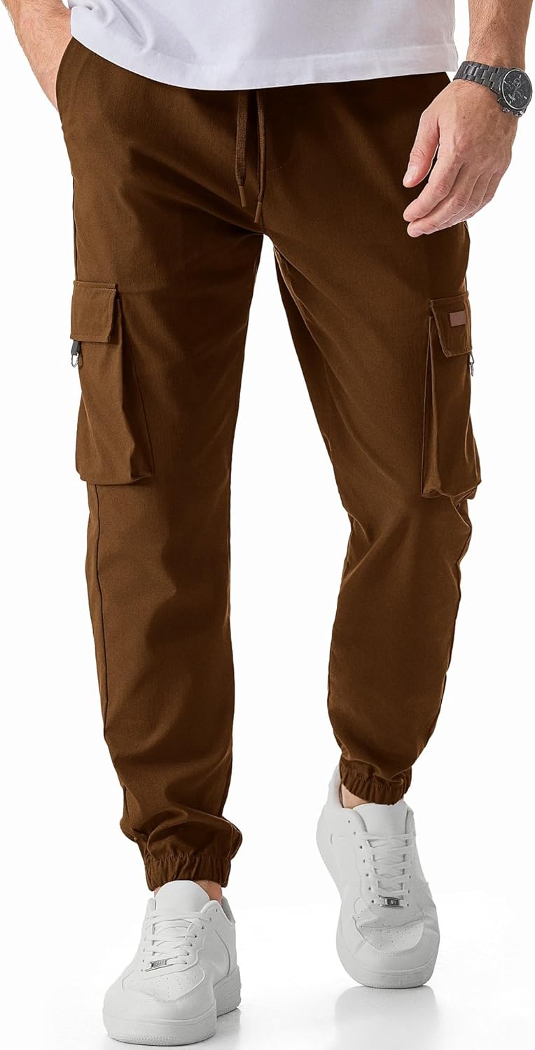Men's Cargo Pants Casual Lightweight Elastic Waist Drawstring Tapered Pant with Pockets