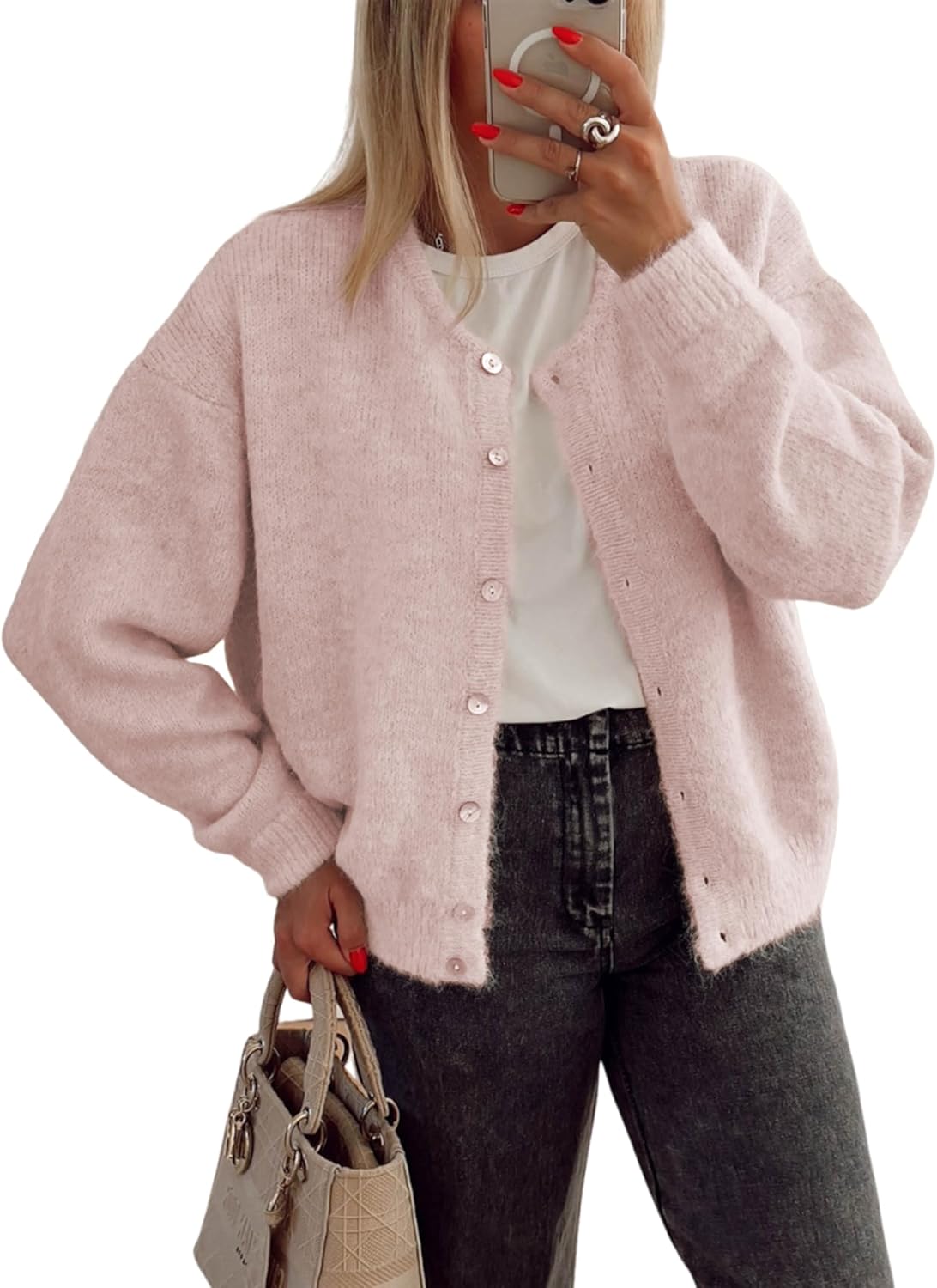 Women's Long Sleeve Front Button Y2k Cardigan Sweaters Crew Neck Loose 2025 Fall Tops