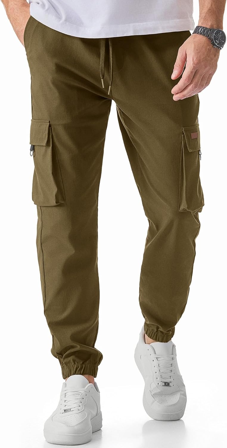 Men's Cargo Pants Casual Lightweight Elastic Waist Drawstring Tapered Pant with Pockets