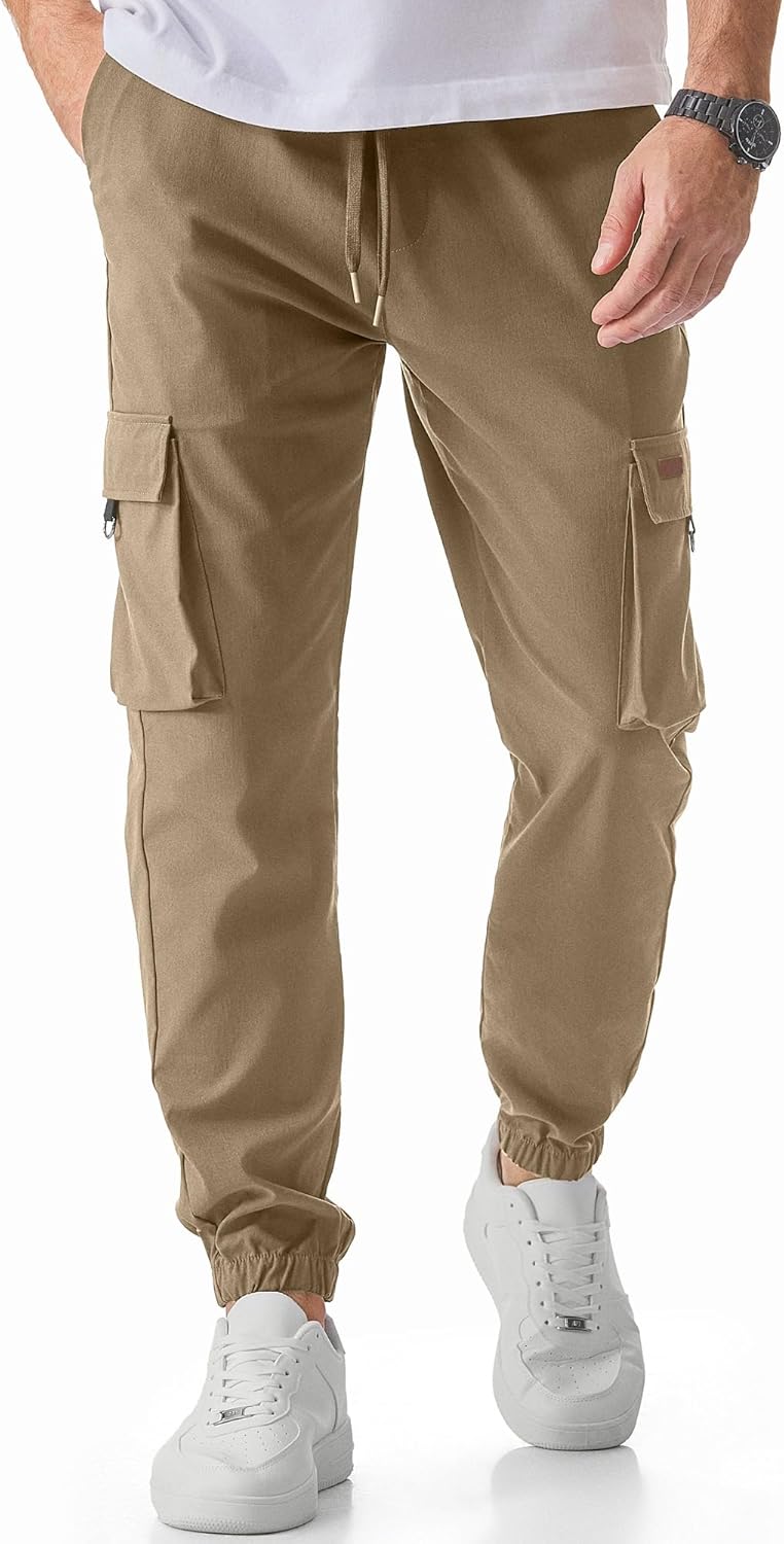 Men's Cargo Pants Casual Lightweight Elastic Waist Drawstring Tapered Pant with Pockets