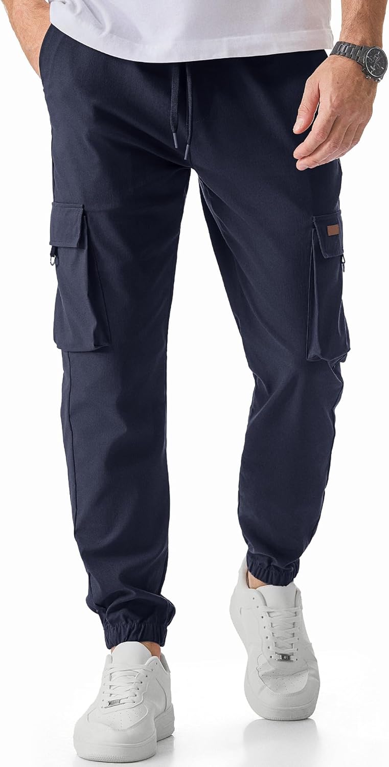 Men's Cargo Pants Casual Lightweight Elastic Waist Drawstring Tapered Pant with Pockets