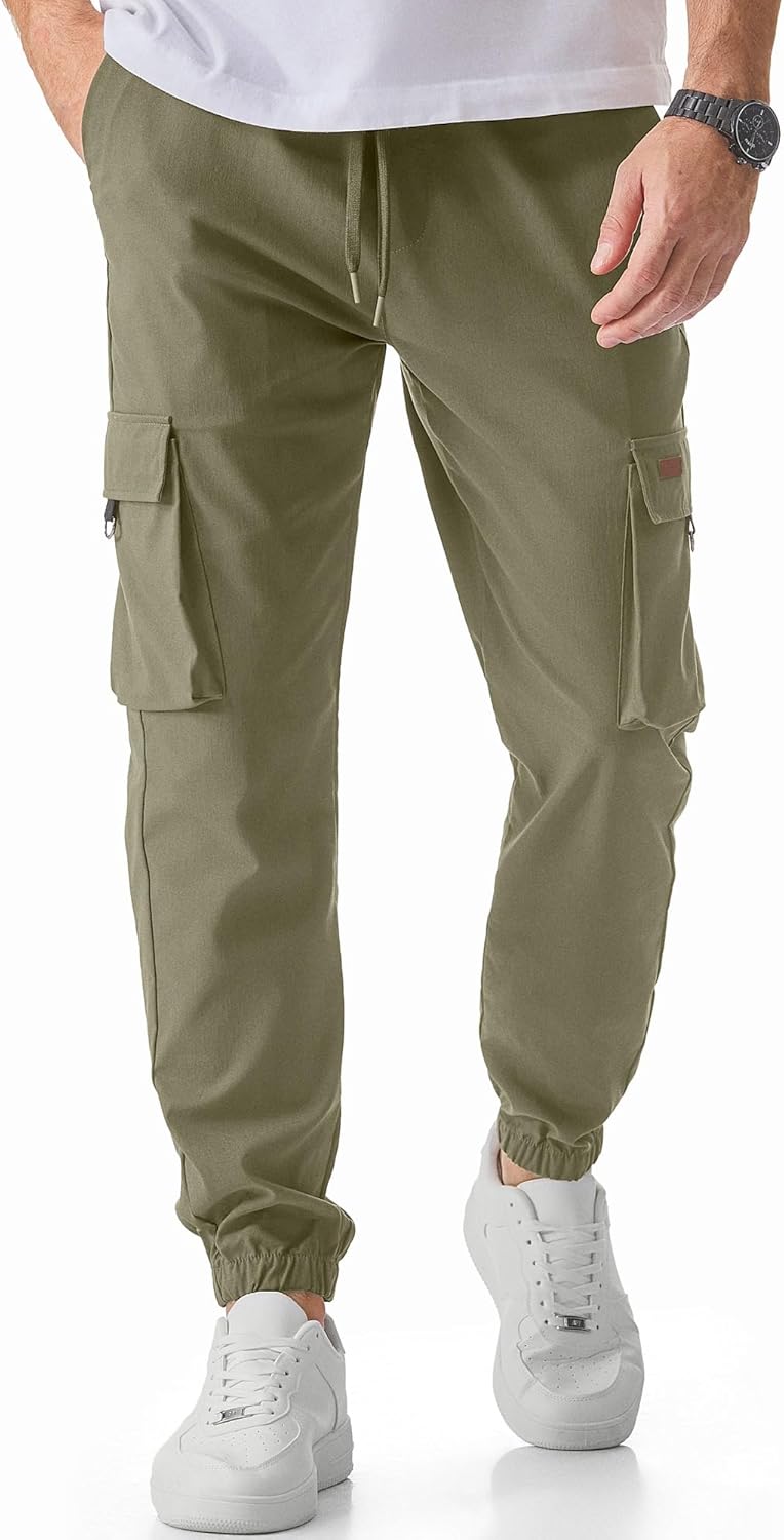 Men's Cargo Pants Casual Lightweight Elastic Waist Drawstring Tapered Pant with Pockets
