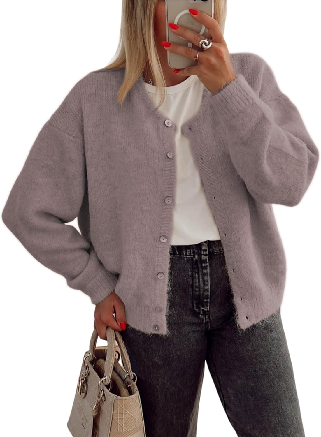 Women's Long Sleeve Front Button Y2k Cardigan Sweaters Crew Neck Loose 2025 Fall Tops