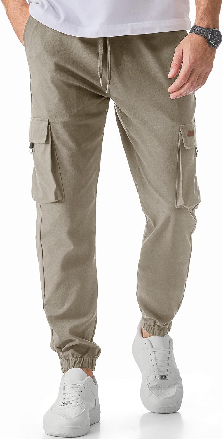 Men's Cargo Pants Casual Lightweight Elastic Waist Drawstring Tapered Pant with Pockets