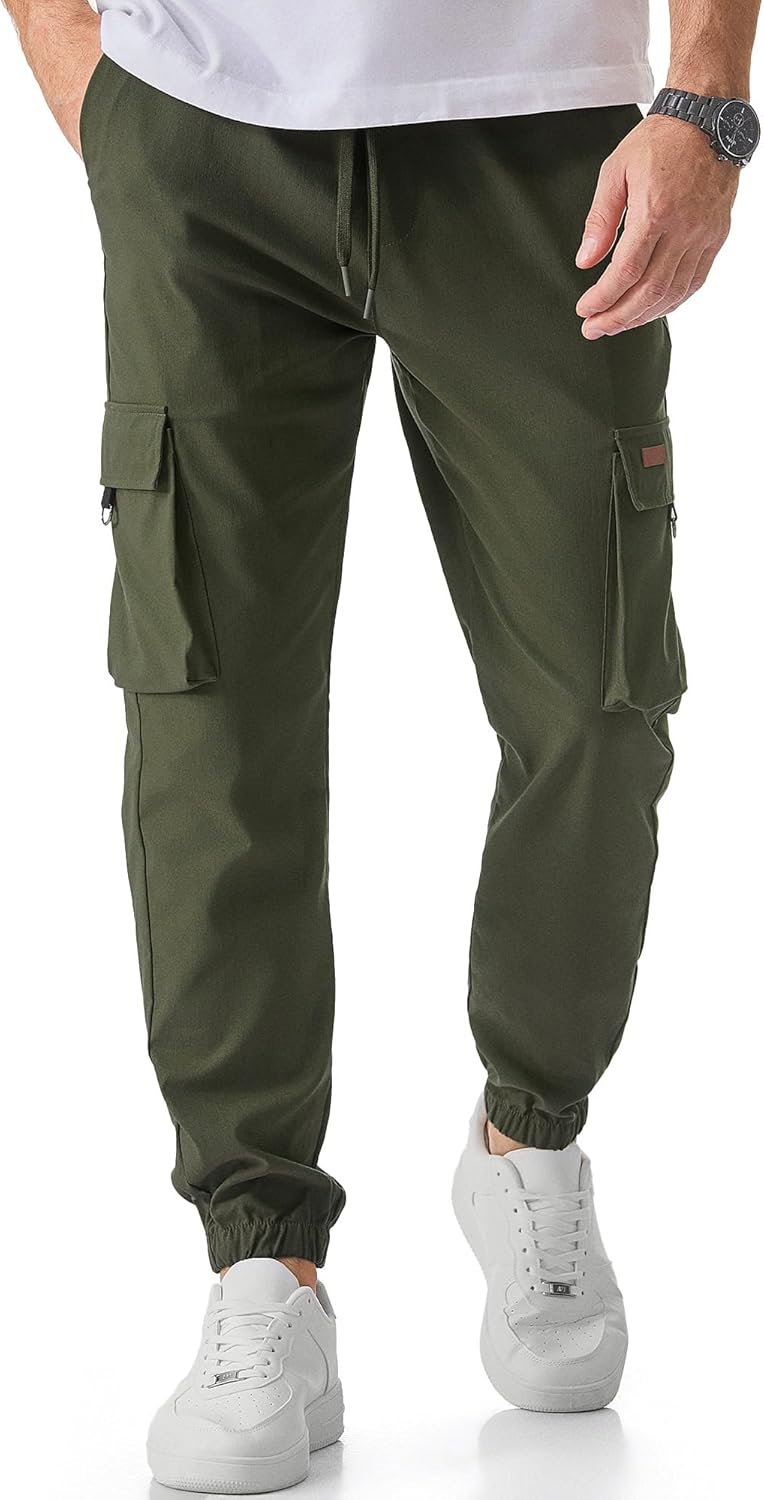 Men's Cargo Pants Casual Lightweight Elastic Waist Drawstring Tapered Pant with Pockets