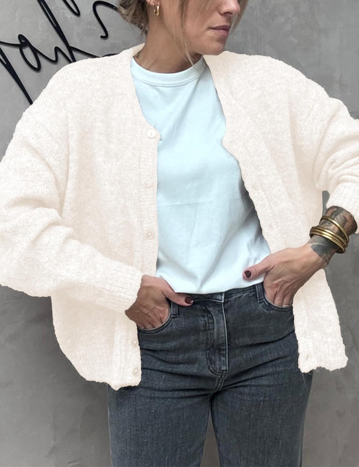 Women's Long Sleeve Front Button Y2k Cardigan Sweaters Crew Neck Loose 2025 Fall Tops
