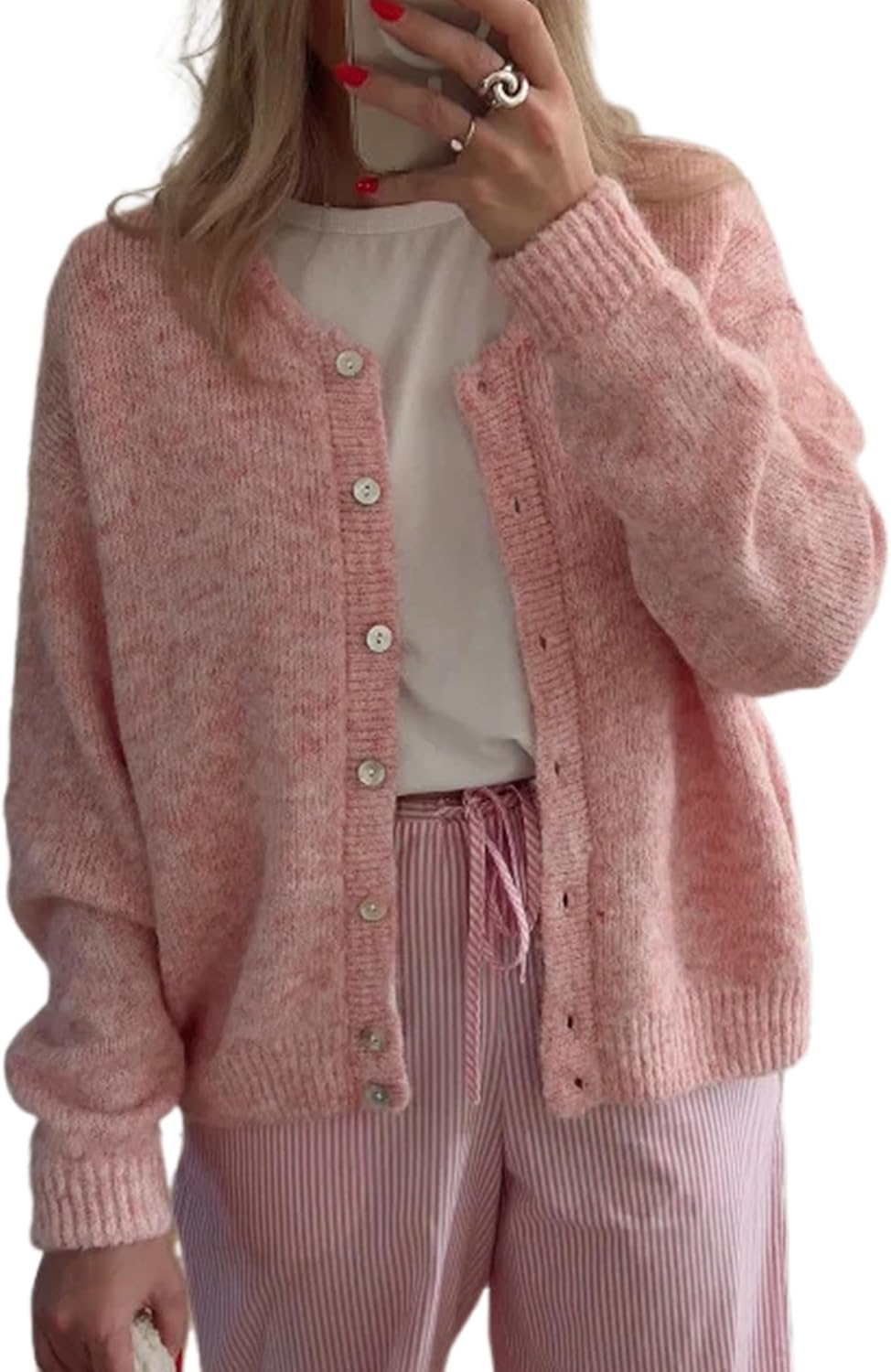 Women's Long Sleeve Front Button Y2k Cardigan Sweaters Crew Neck Loose 2025 Fall Tops