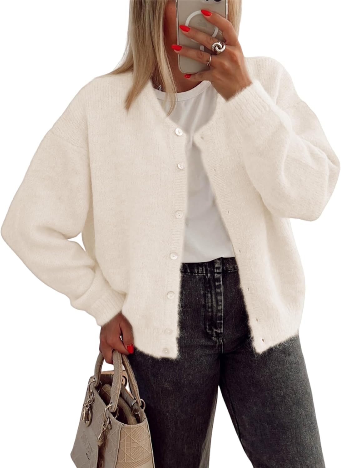 Women's Long Sleeve Front Button Y2k Cardigan Sweaters Crew Neck Loose 2025 Fall Tops