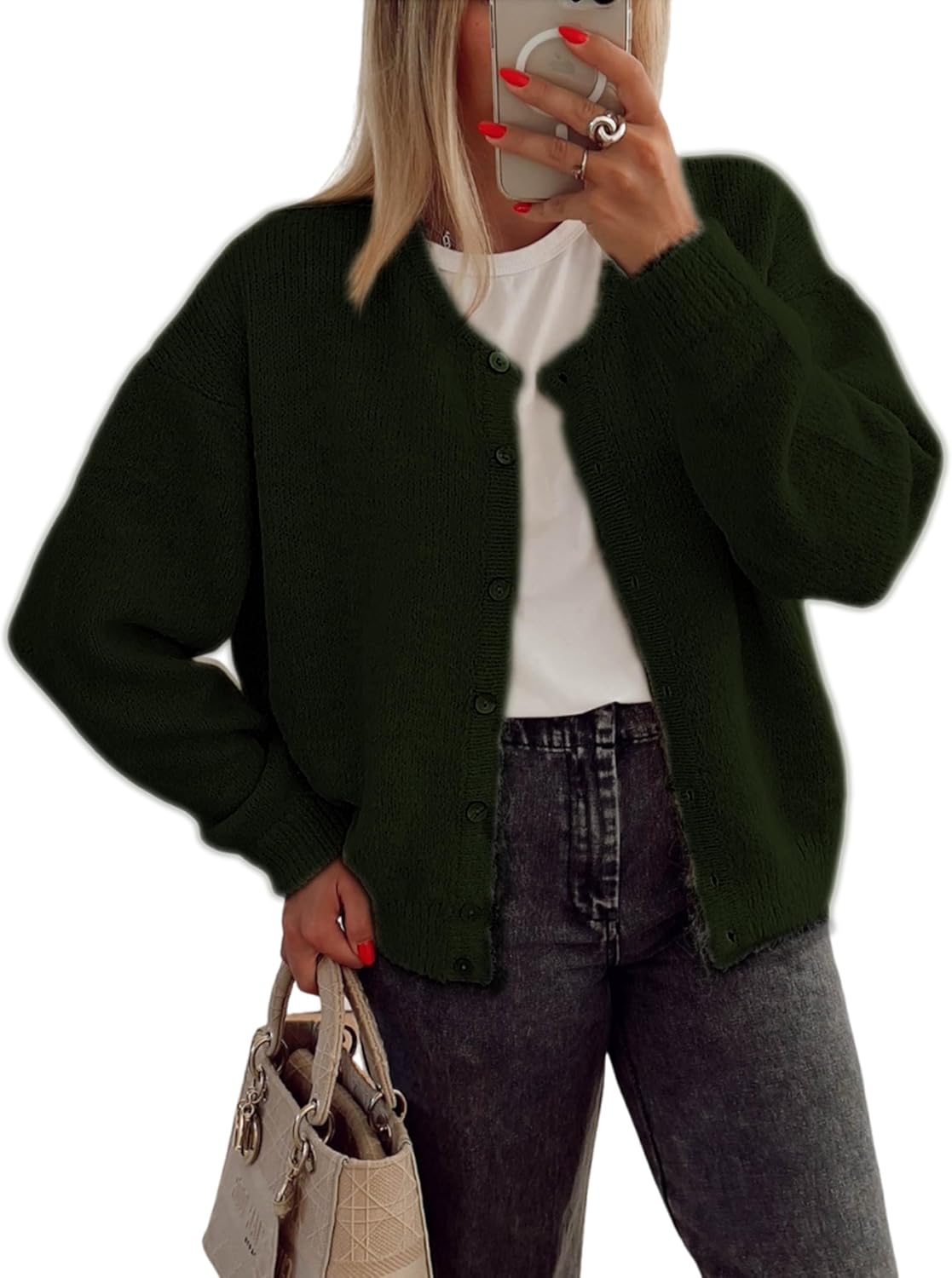 Women's Long Sleeve Front Button Y2k Cardigan Sweaters Crew Neck Loose 2025 Fall Tops