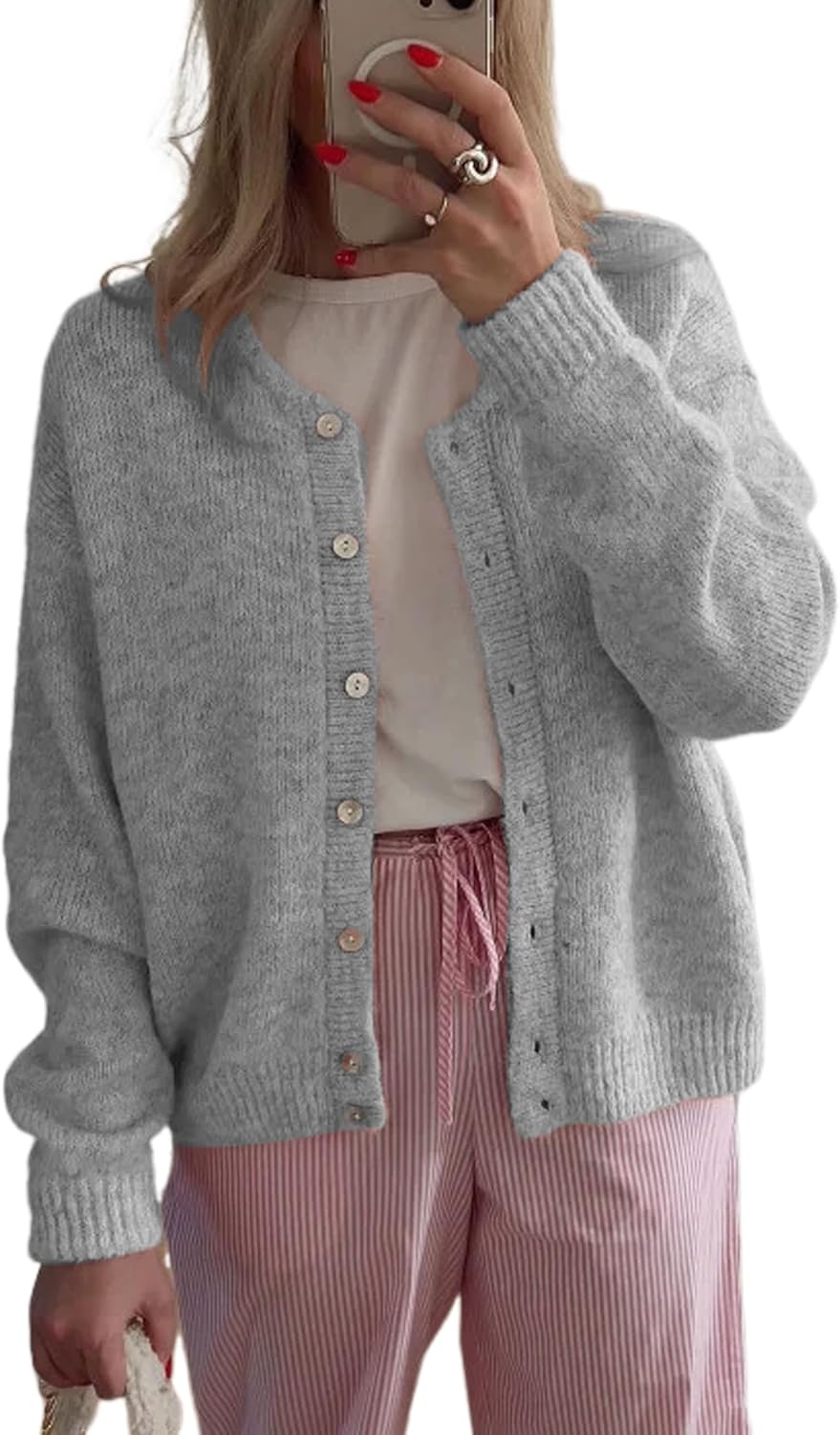 Women's Long Sleeve Front Button Y2k Cardigan Sweaters Crew Neck Loose 2025 Fall Tops
