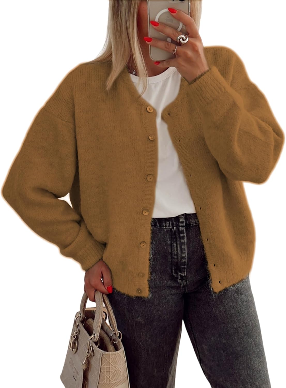 Women's Long Sleeve Front Button Y2k Cardigan Sweaters Crew Neck Loose 2025 Fall Tops