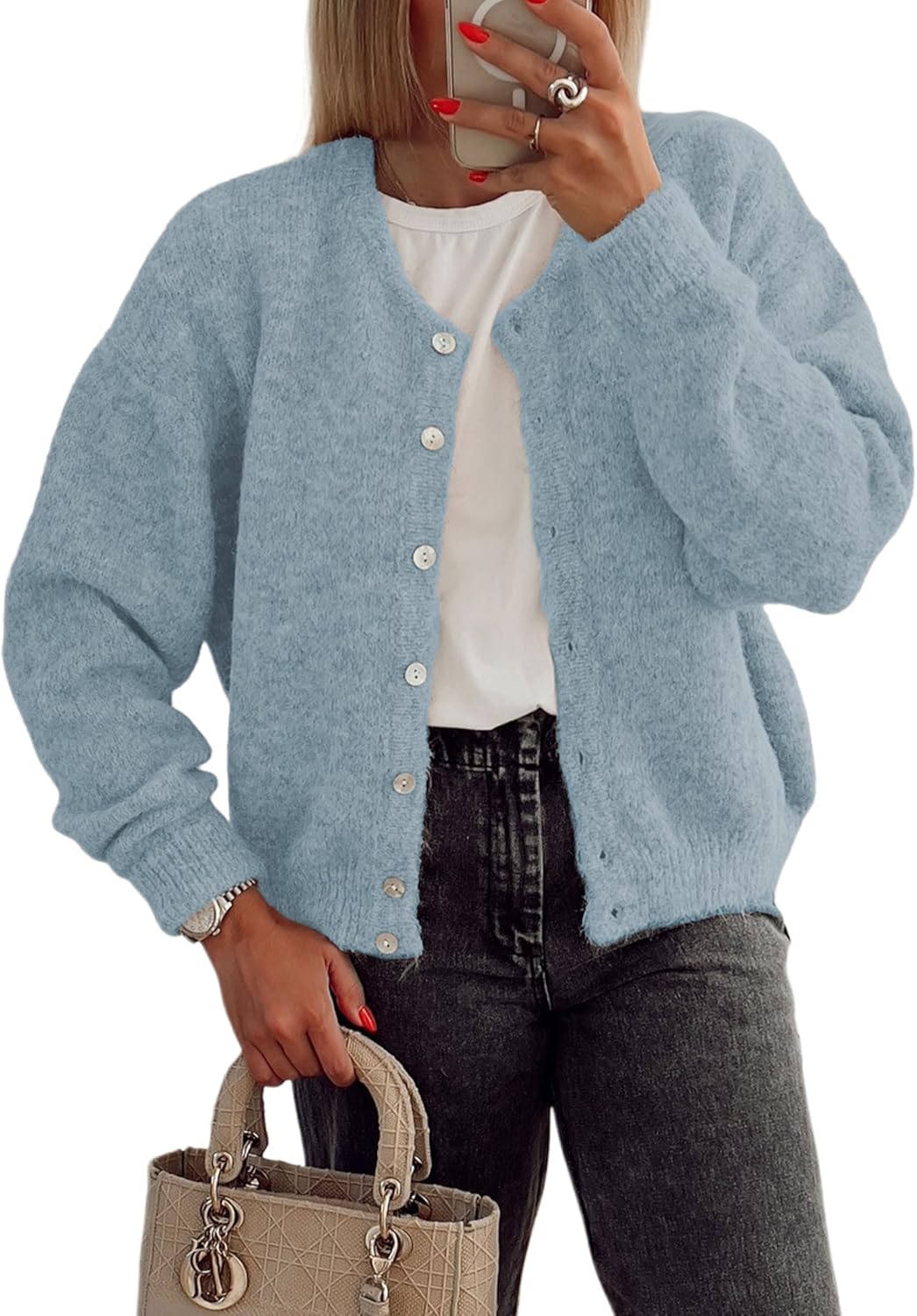 Women's Long Sleeve Front Button Y2k Cardigan Sweaters Crew Neck Loose 2025 Fall Tops