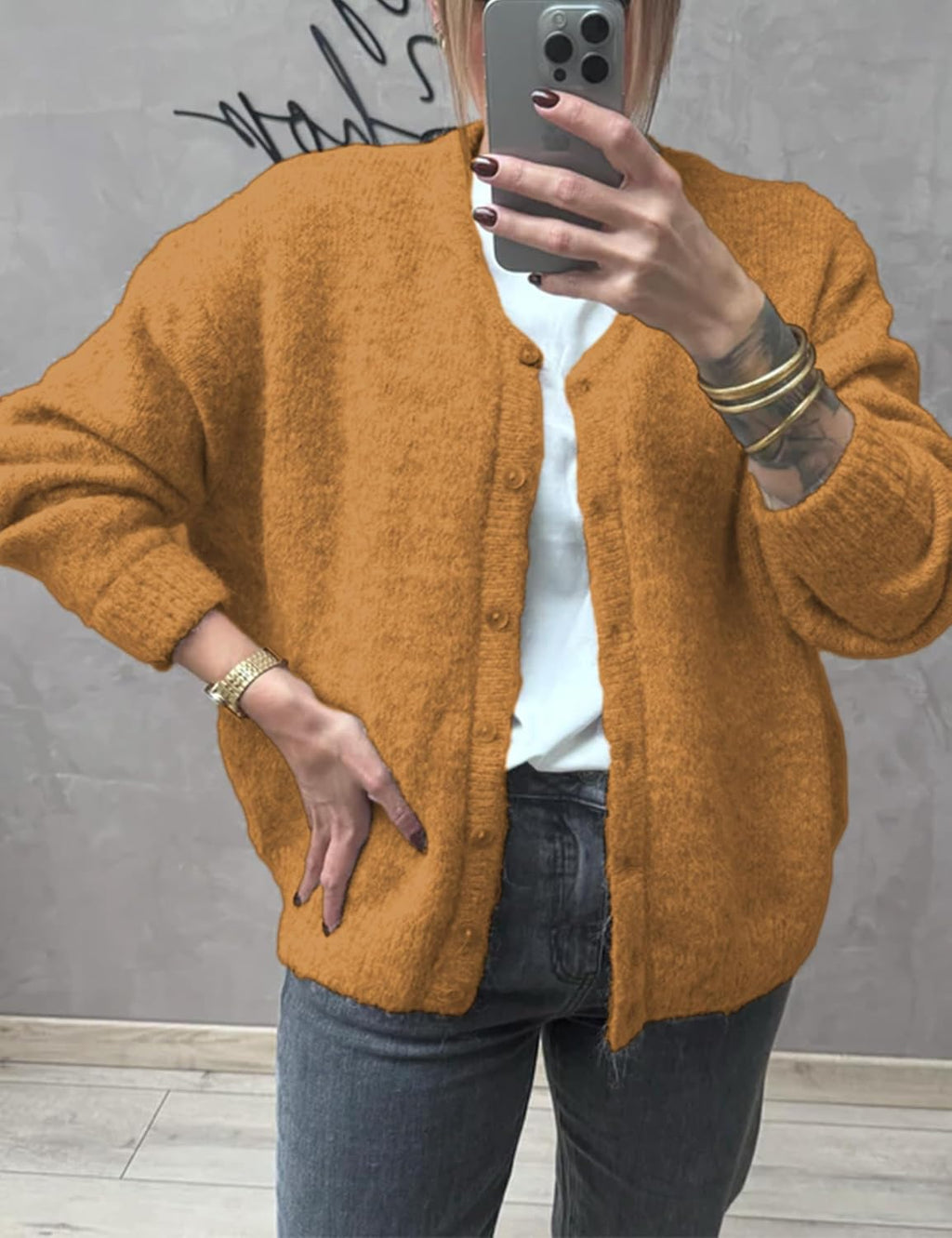 Women's Long Sleeve Front Button Y2k Cardigan Sweaters Crew Neck Loose 2025 Fall Tops