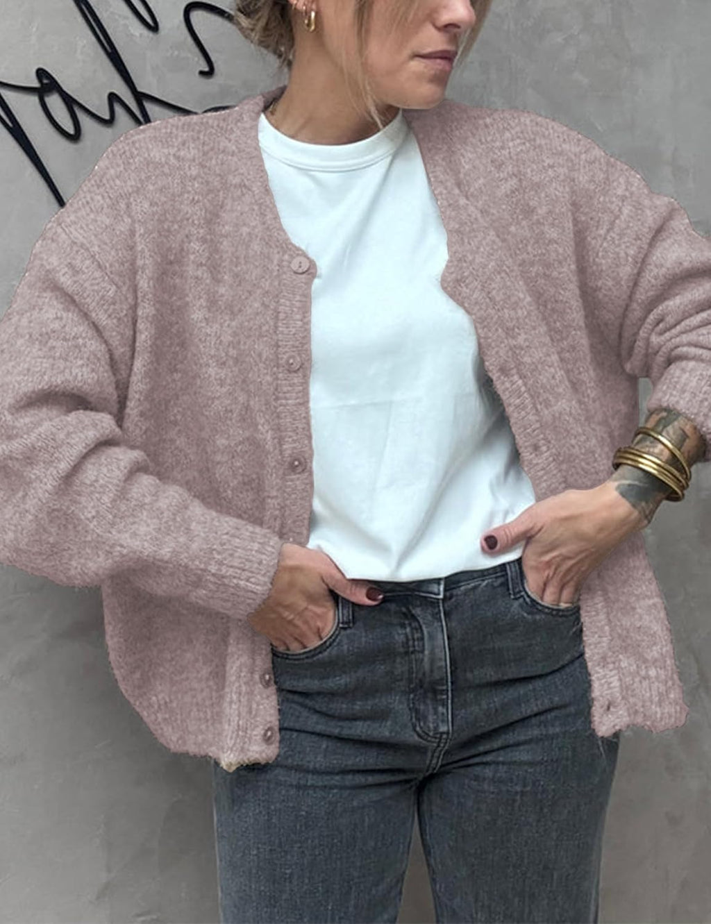 Women's Long Sleeve Front Button Y2k Cardigan Sweaters Crew Neck Loose 2025 Fall Tops