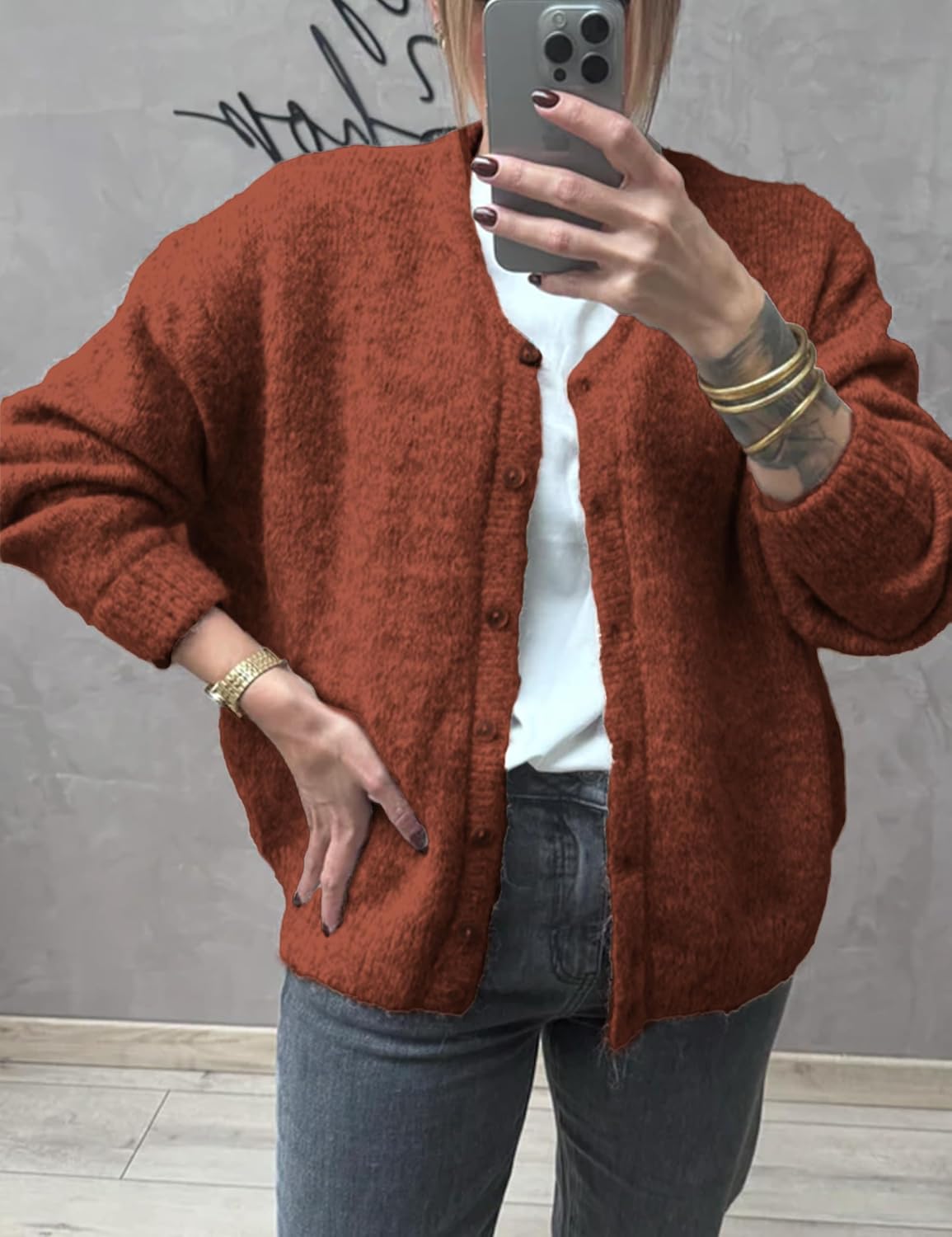 Women's Long Sleeve Front Button Y2k Cardigan Sweaters Crew Neck Loose 2025 Fall Tops
