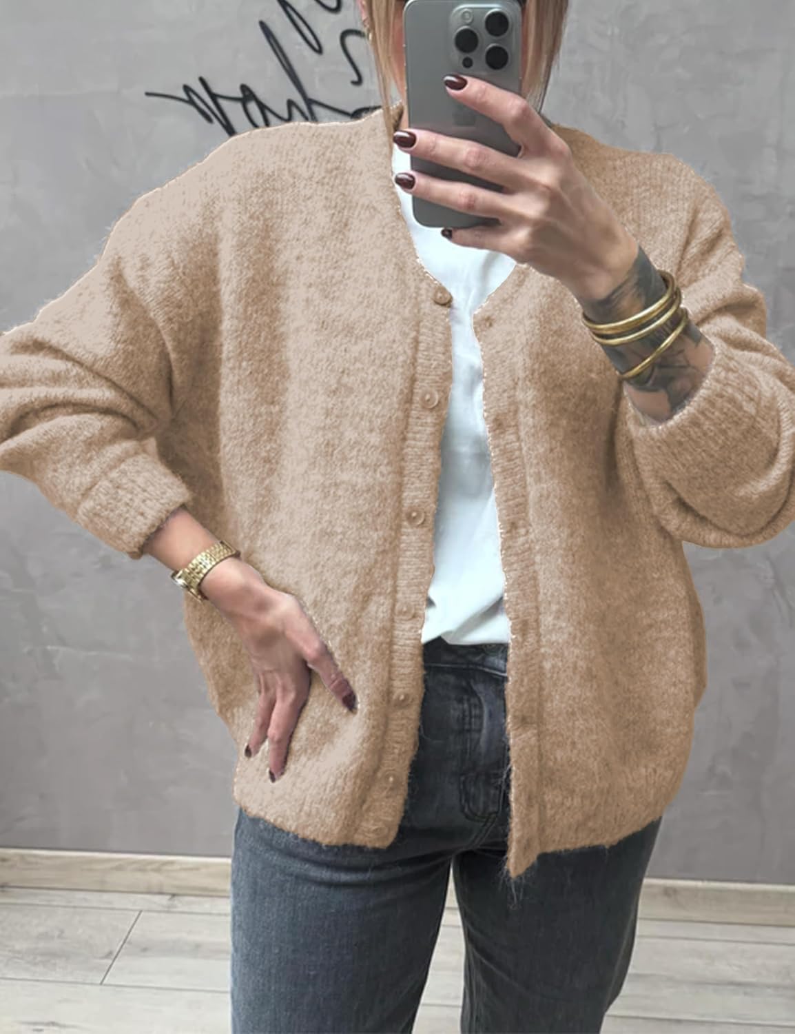 Women's Long Sleeve Front Button Y2k Cardigan Sweaters Crew Neck Loose 2025 Fall Tops