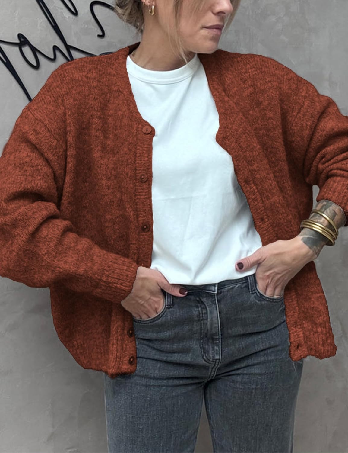 Women's Long Sleeve Front Button Y2k Cardigan Sweaters Crew Neck Loose 2025 Fall Tops