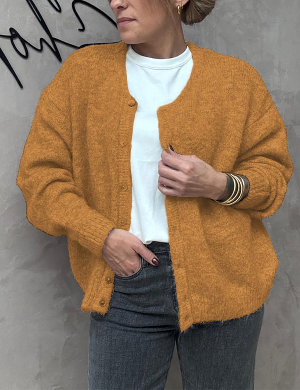Women's Long Sleeve Front Button Y2k Cardigan Sweaters Crew Neck Loose 2025 Fall Tops