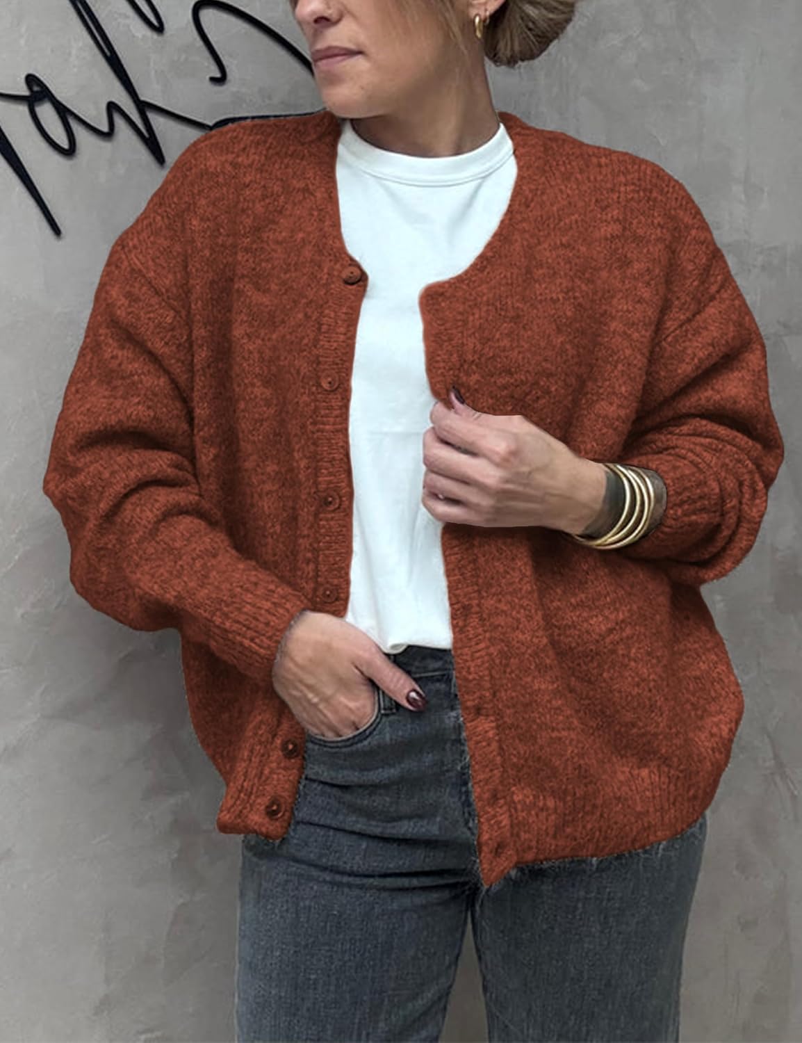 Women's Long Sleeve Front Button Y2k Cardigan Sweaters Crew Neck Loose 2025 Fall Tops