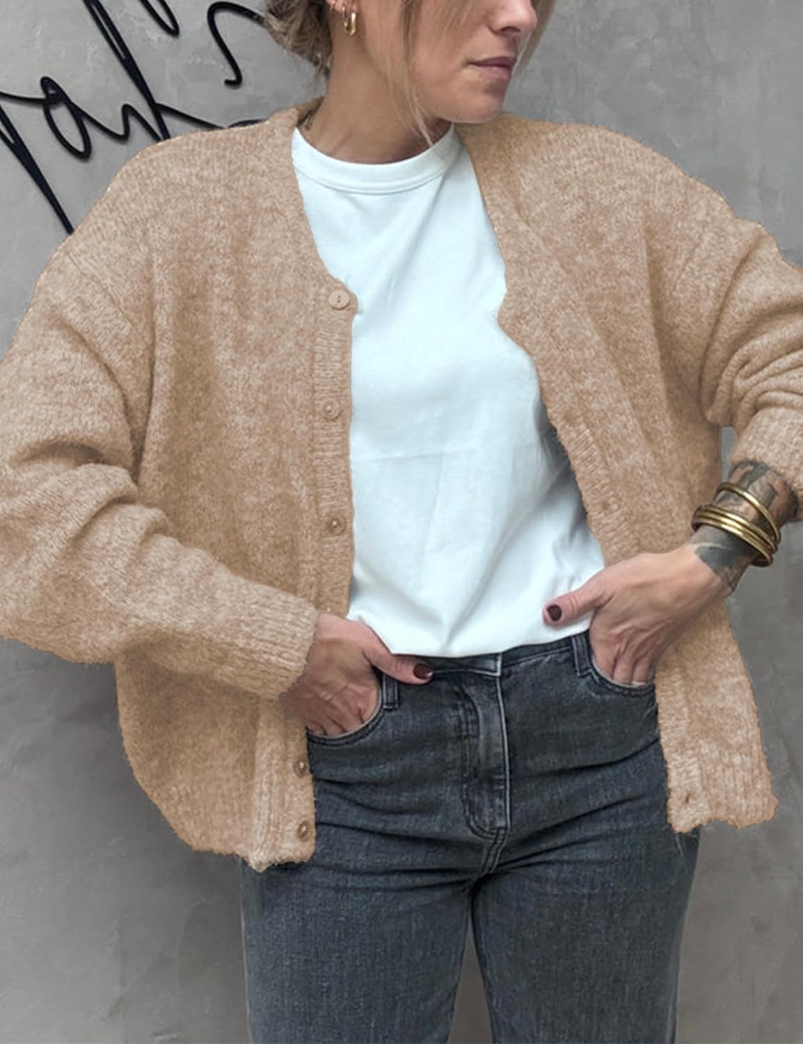 Women's Long Sleeve Front Button Y2k Cardigan Sweaters Crew Neck Loose 2025 Fall Tops
