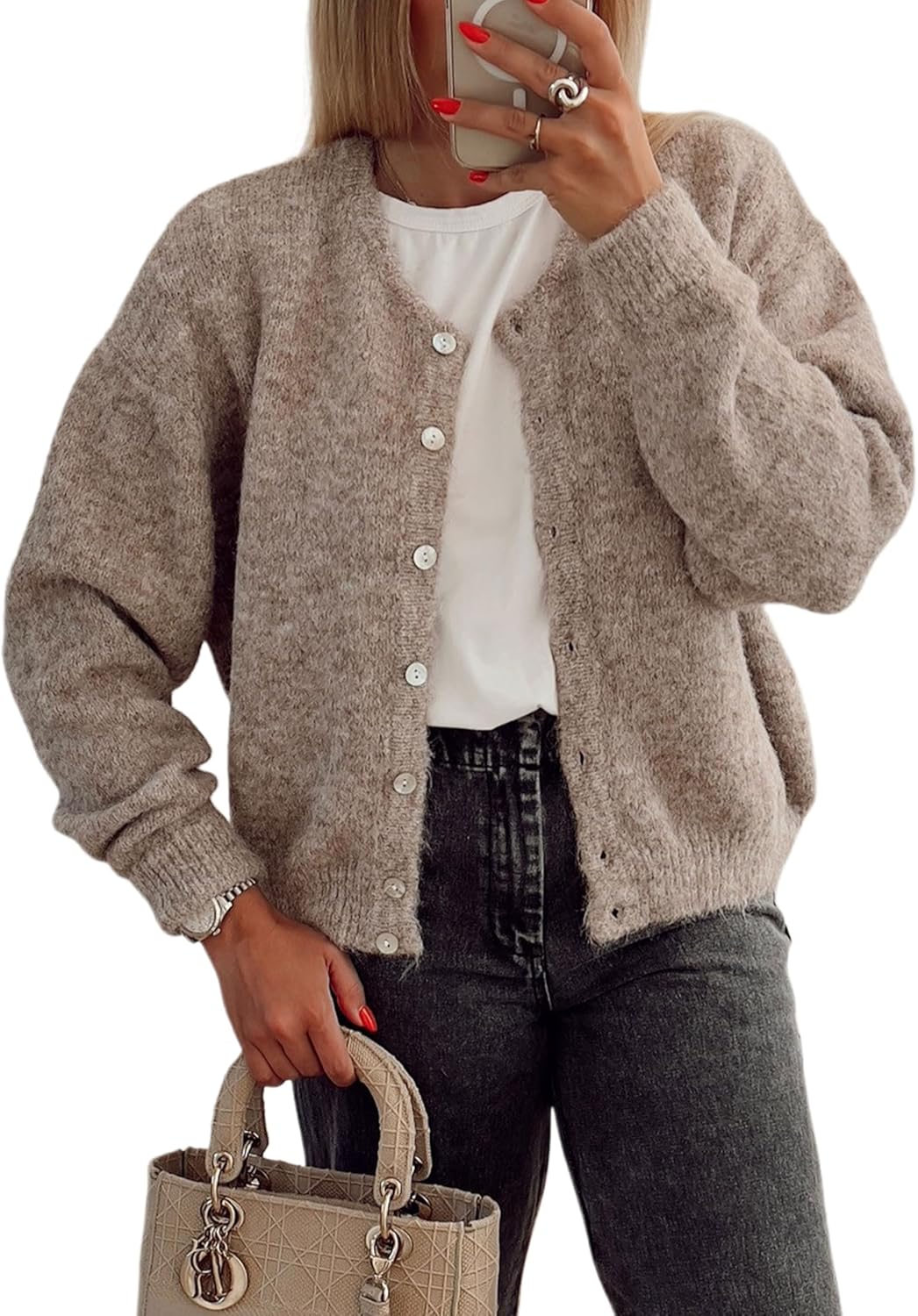 Women's Long Sleeve Front Button Y2k Cardigan Sweaters Crew Neck Loose 2025 Fall Tops