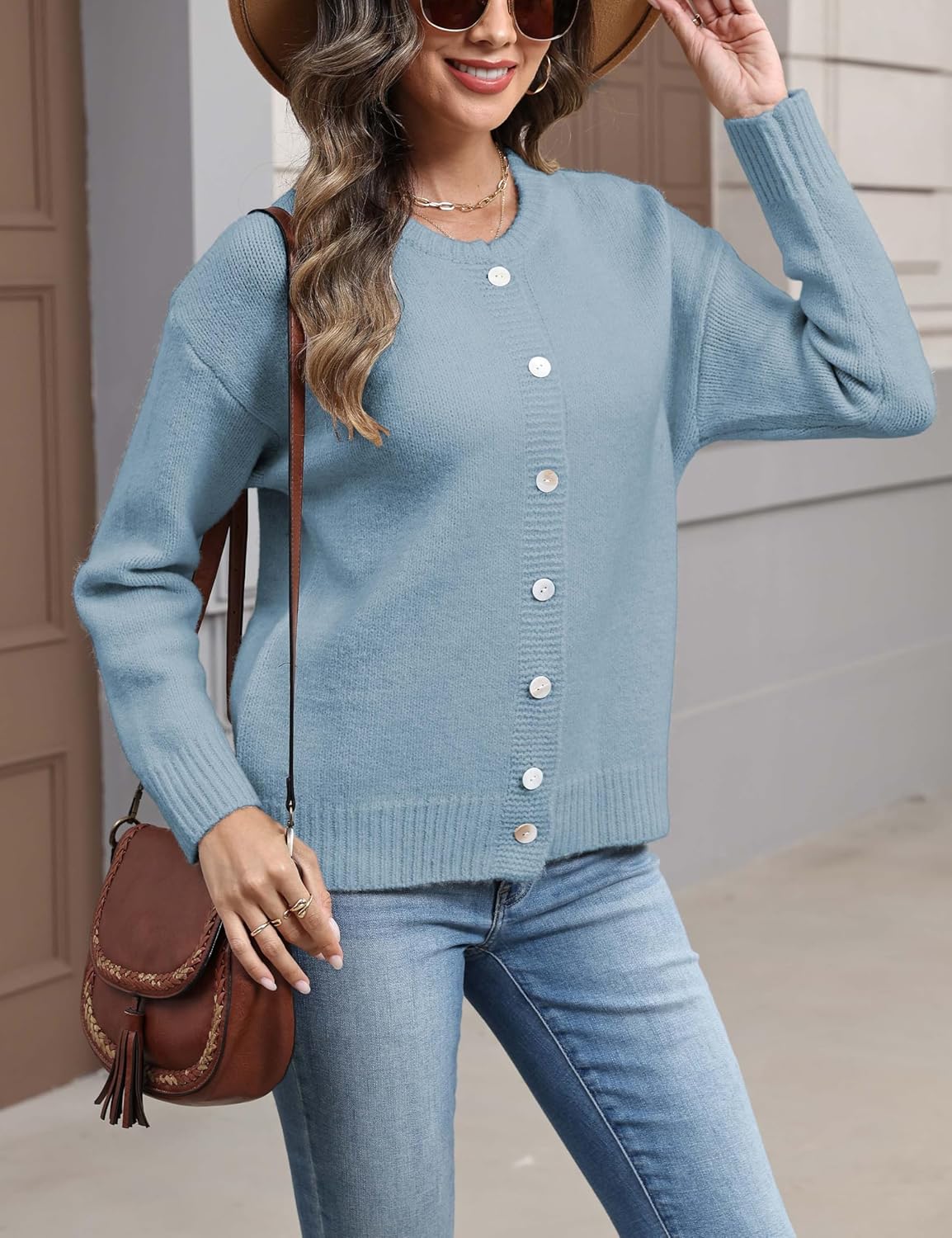 Women's Long Sleeve Front Button Y2k Cardigan Sweaters Crew Neck Loose 2025 Fall Tops