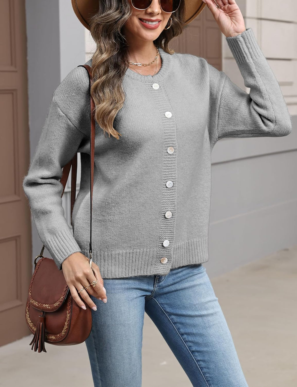 Women's Long Sleeve Front Button Y2k Cardigan Sweaters Crew Neck Loose 2025 Fall Tops