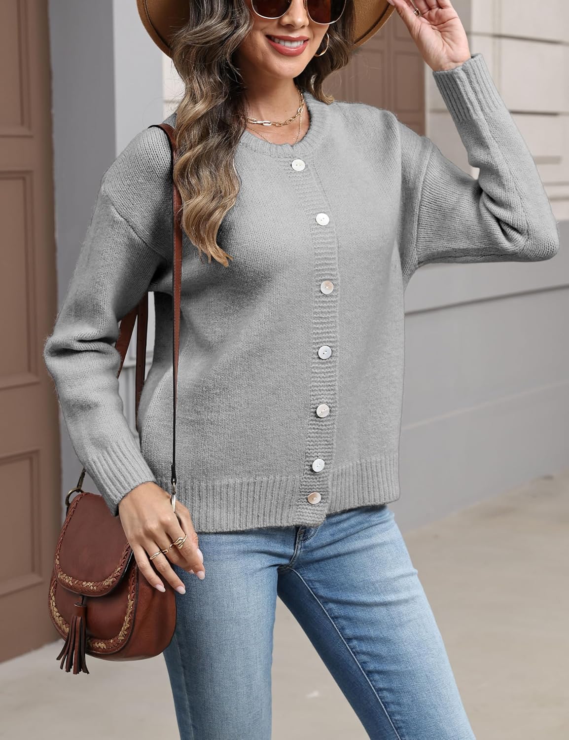Women's Long Sleeve Front Button Y2k Cardigan Sweaters Crew Neck Loose 2025 Fall Tops