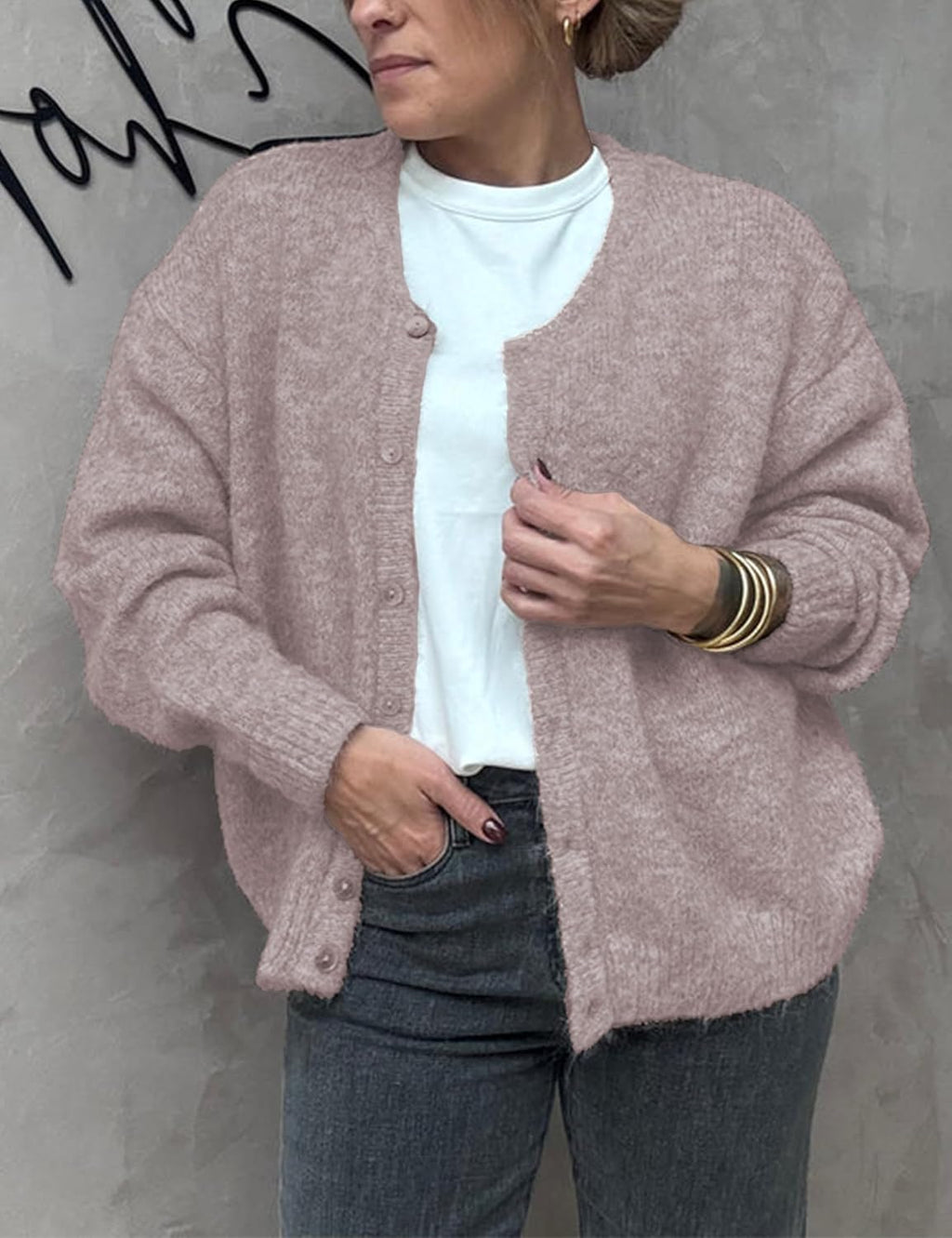 Women's Long Sleeve Front Button Y2k Cardigan Sweaters Crew Neck Loose 2025 Fall Tops