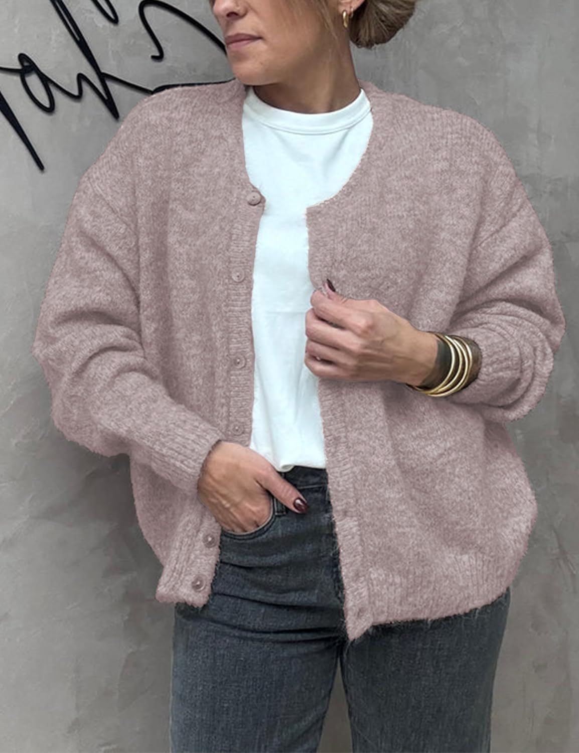 Women's Long Sleeve Front Button Y2k Cardigan Sweaters Crew Neck Loose 2025 Fall Tops