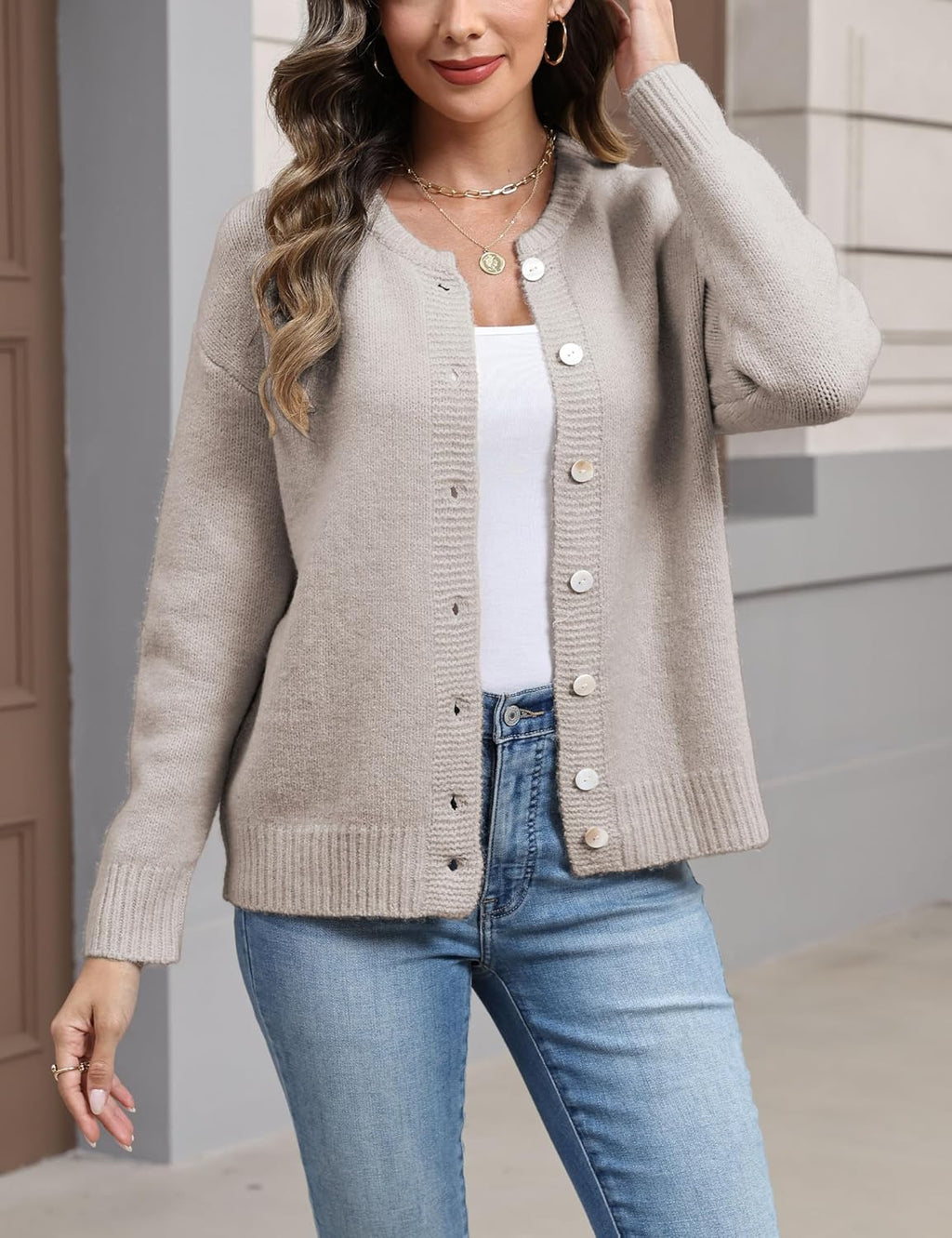 Women's Long Sleeve Front Button Y2k Cardigan Sweaters Crew Neck Loose 2025 Fall Tops