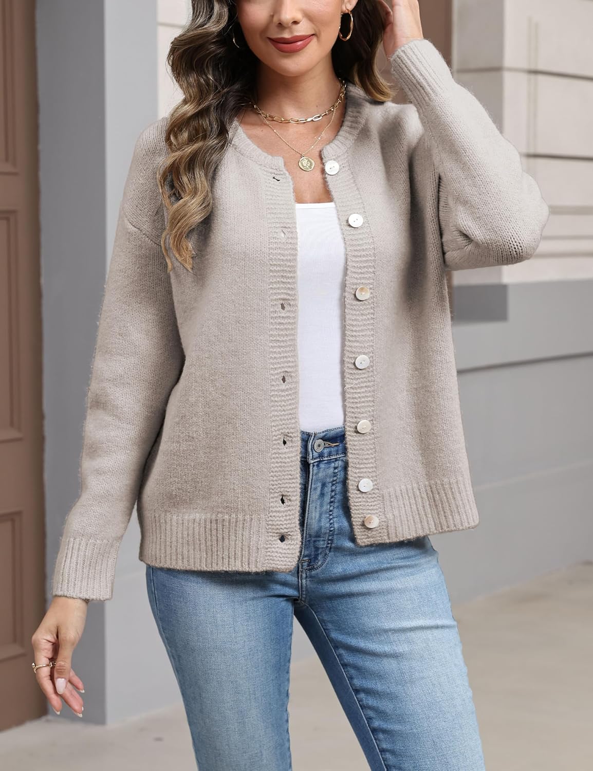 Women's Long Sleeve Front Button Y2k Cardigan Sweaters Crew Neck Loose 2025 Fall Tops