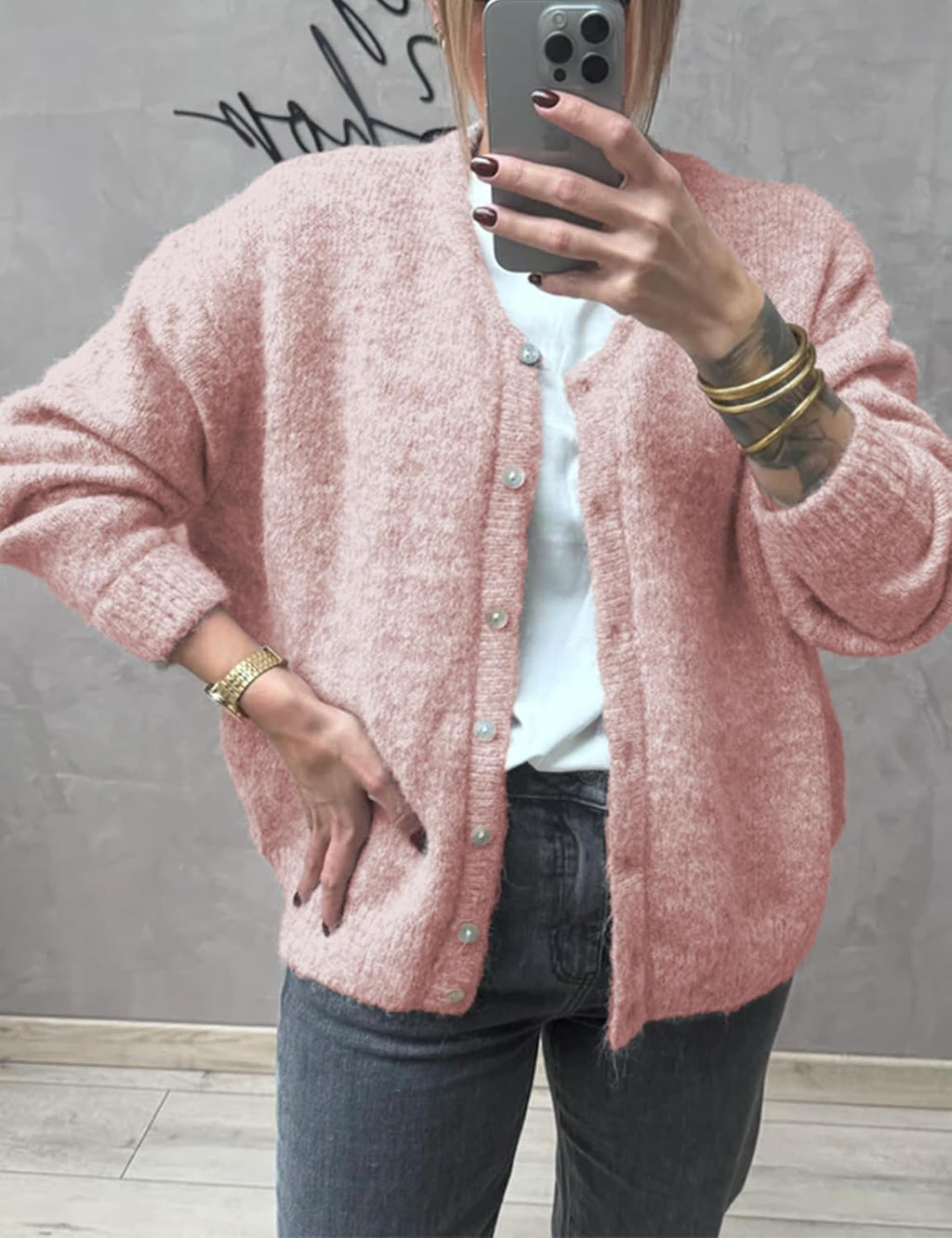 Women's Long Sleeve Front Button Y2k Cardigan Sweaters Crew Neck Loose 2025 Fall Tops