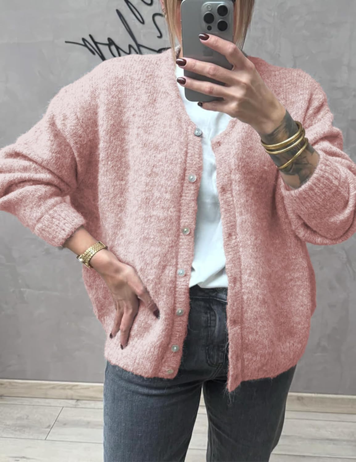 Women's Long Sleeve Front Button Y2k Cardigan Sweaters Crew Neck Loose 2025 Fall Tops