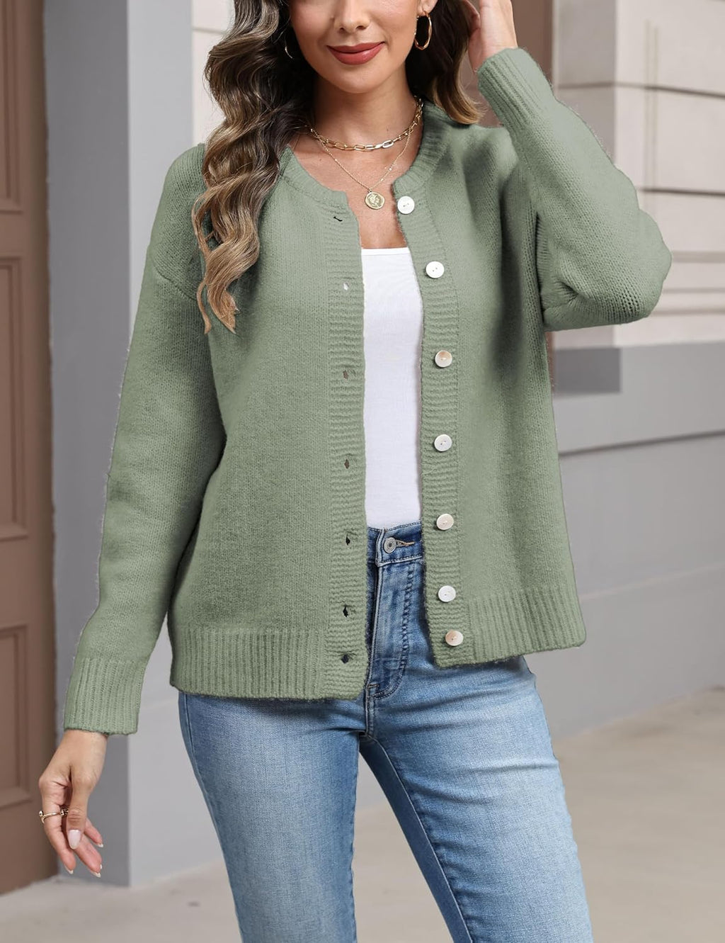 Women's Long Sleeve Front Button Y2k Cardigan Sweaters Crew Neck Loose 2025 Fall Tops