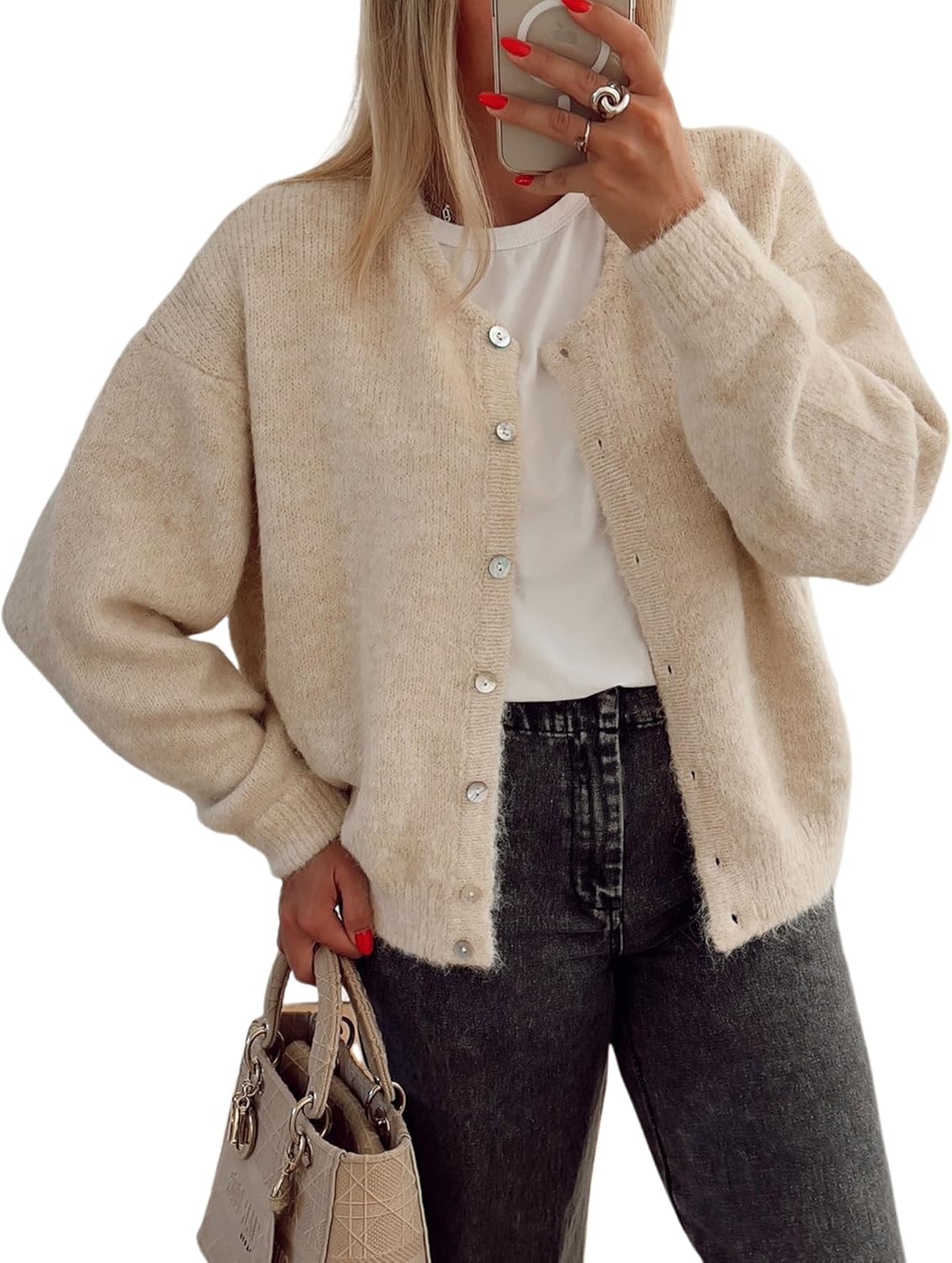 Women's Long Sleeve Front Button Y2k Cardigan Sweaters Crew Neck Loose 2025 Fall Tops