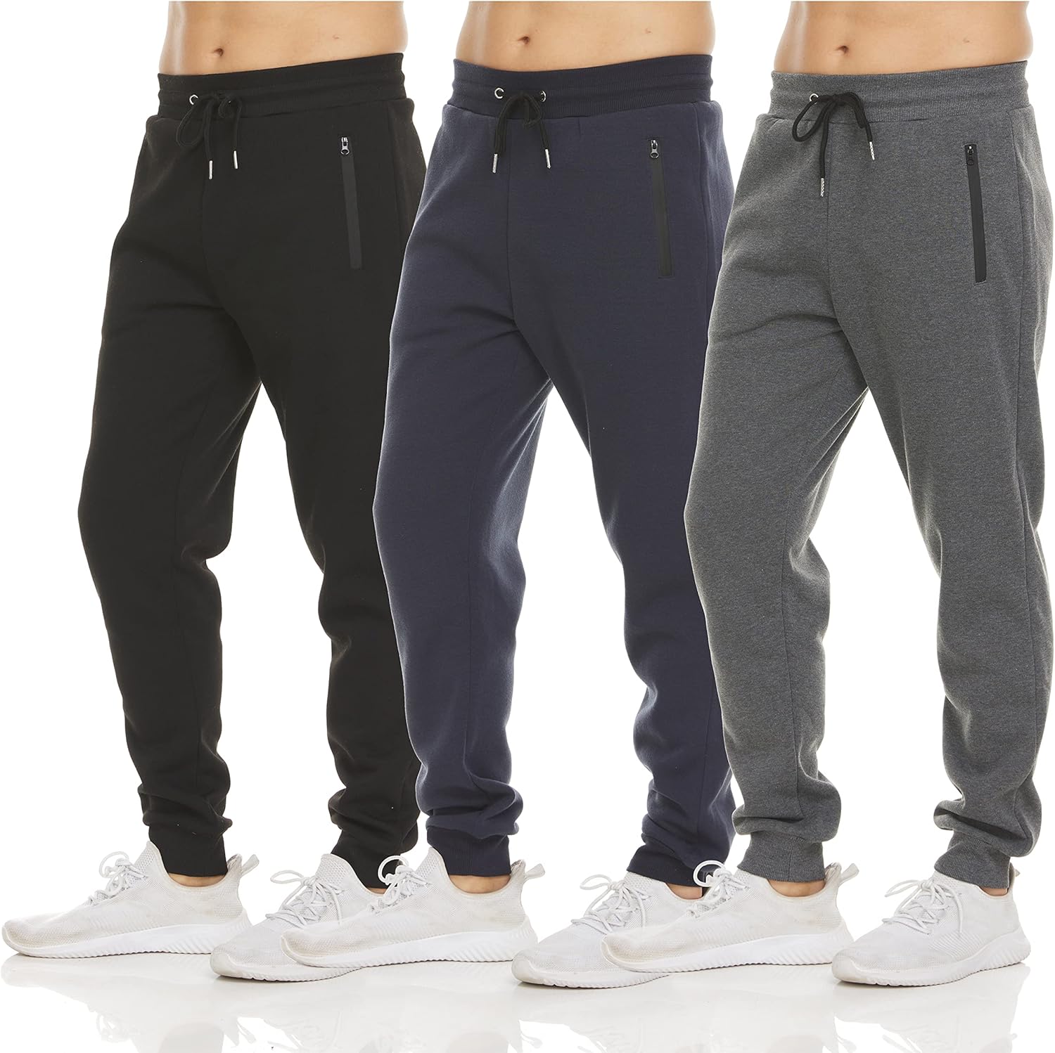 Men‘s 3 Pack Fleece Active Athletic Workout Jogger Sweatpants for Men with Zipper Pocket and Drawstring Size S-3XL