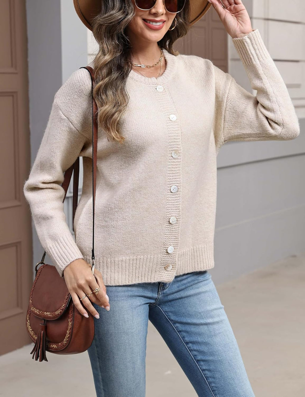 Women's Long Sleeve Front Button Y2k Cardigan Sweaters Crew Neck Loose 2025 Fall Tops