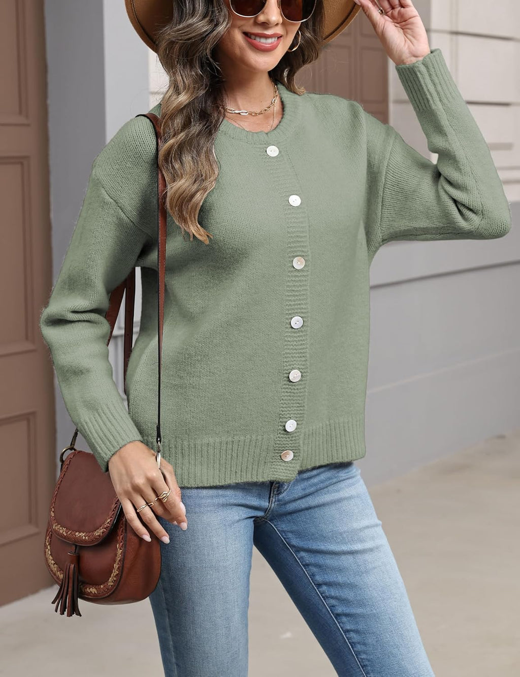 Women's Long Sleeve Front Button Y2k Cardigan Sweaters Crew Neck Loose 2025 Fall Tops
