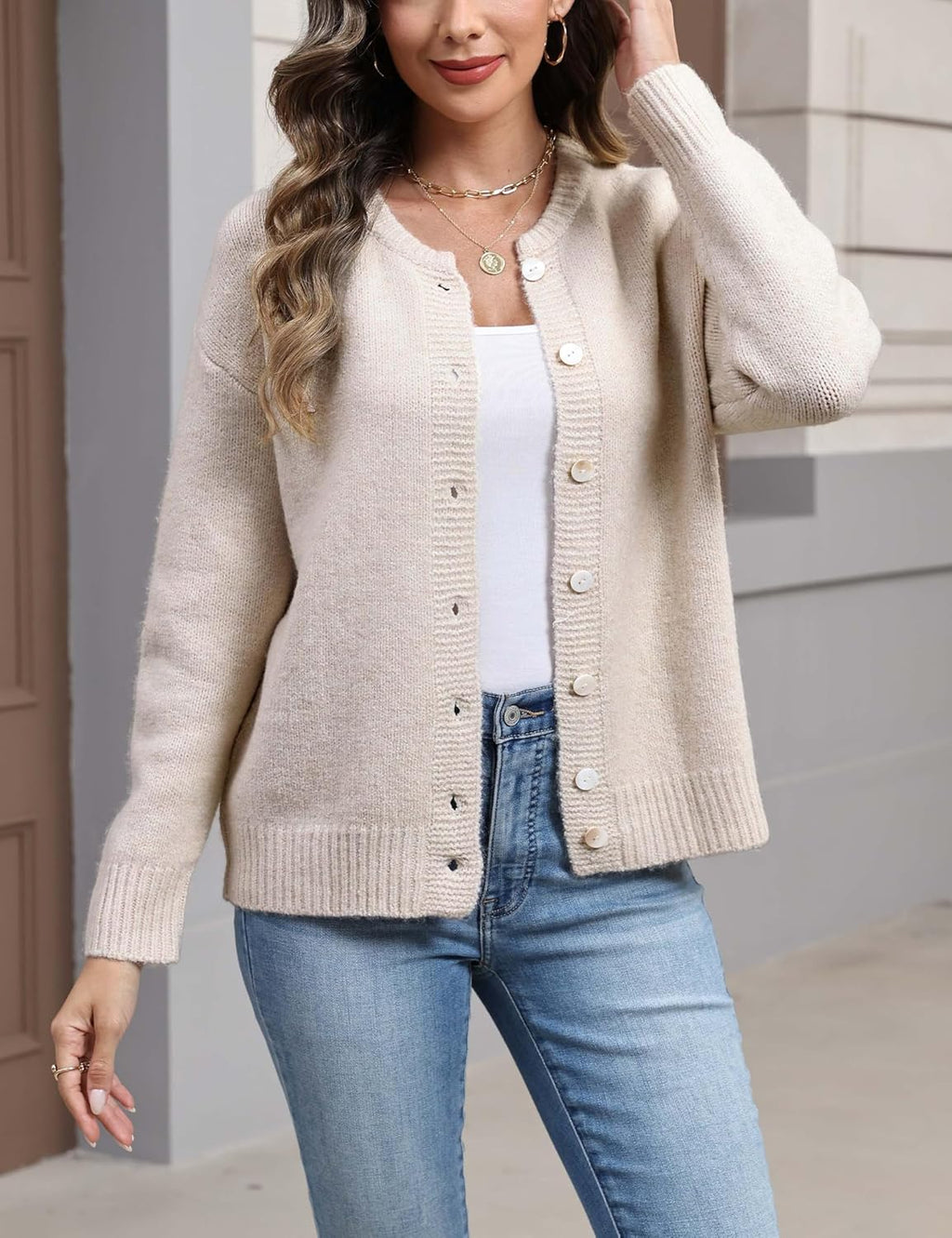 Women's Long Sleeve Front Button Y2k Cardigan Sweaters Crew Neck Loose 2025 Fall Tops