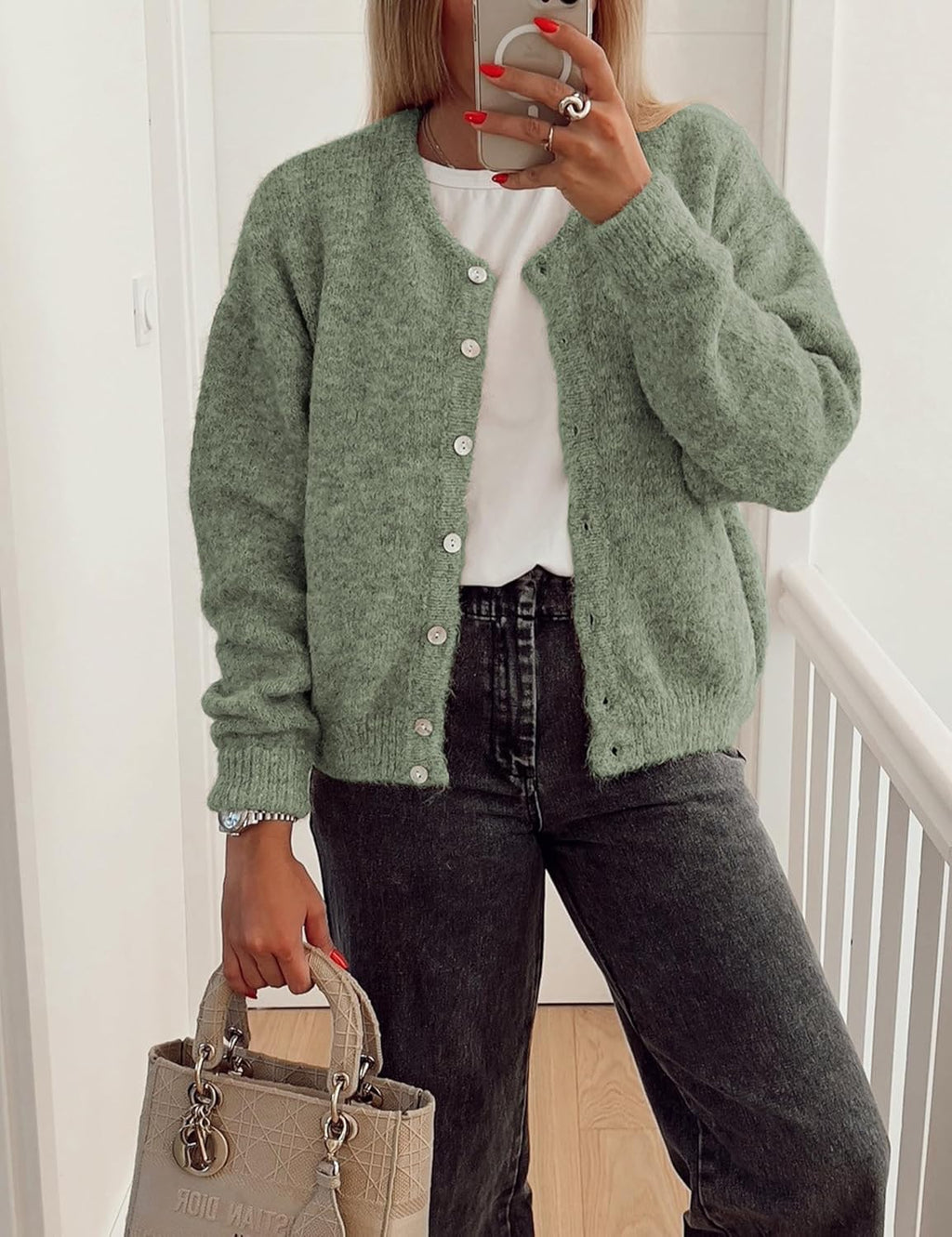 Women's Long Sleeve Front Button Y2k Cardigan Sweaters Crew Neck Loose 2025 Fall Tops