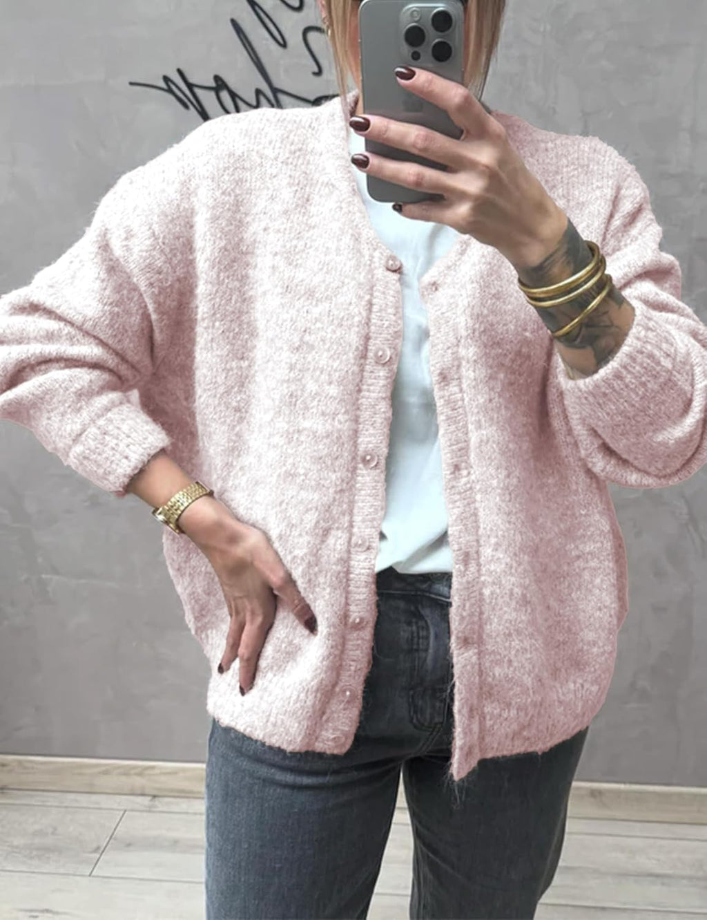 Women's Long Sleeve Front Button Y2k Cardigan Sweaters Crew Neck Loose 2025 Fall Tops