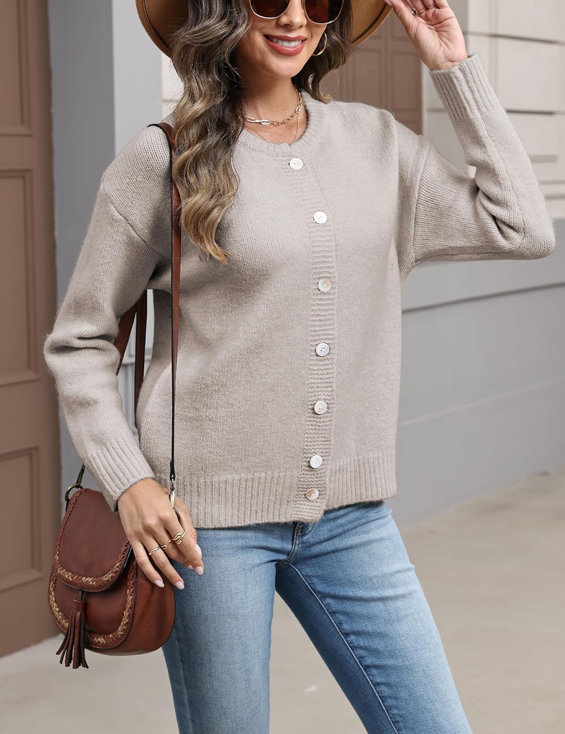 Women's Long Sleeve Front Button Y2k Cardigan Sweaters Crew Neck Loose 2025 Fall Tops