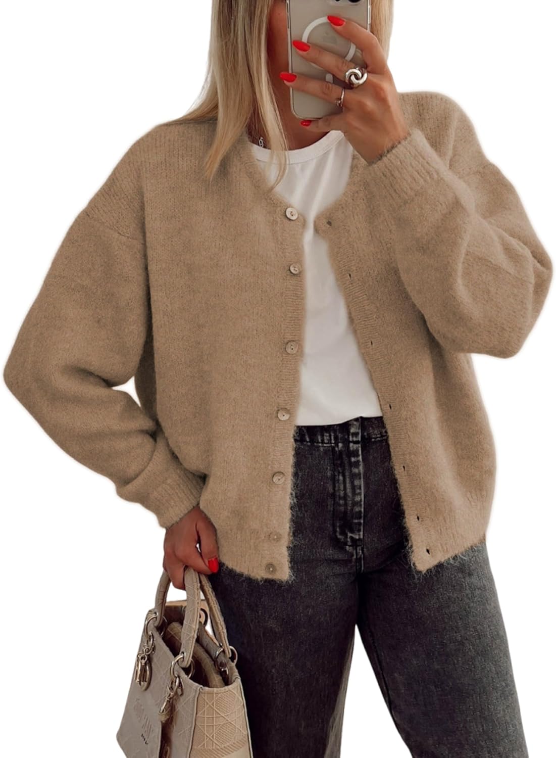 Women's Long Sleeve Front Button Y2k Cardigan Sweaters Crew Neck Loose 2025 Fall Tops