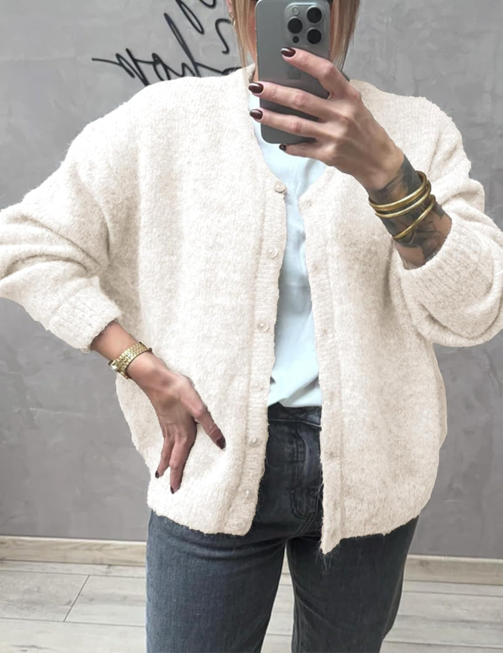 Women's Long Sleeve Front Button Y2k Cardigan Sweaters Crew Neck Loose 2025 Fall Tops